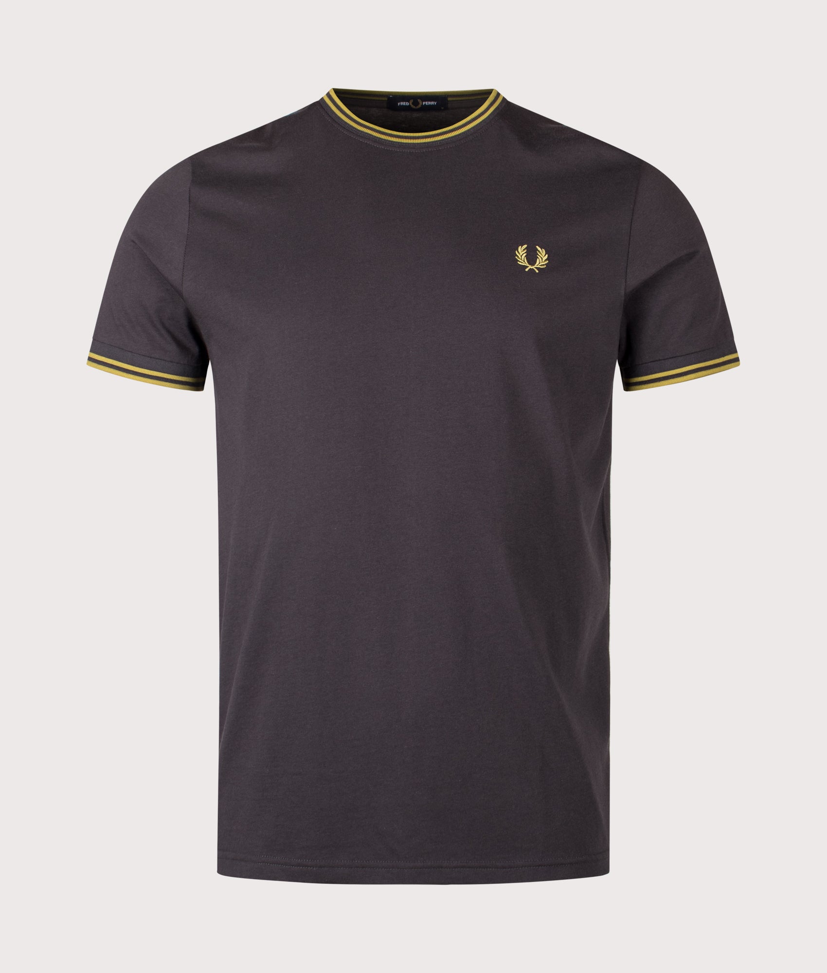 Fred Perry Twin Tipped T-Shirt arrives in Anchor Grey and Tennis Ball Yellow at EQVVS Menswear. Front shot.