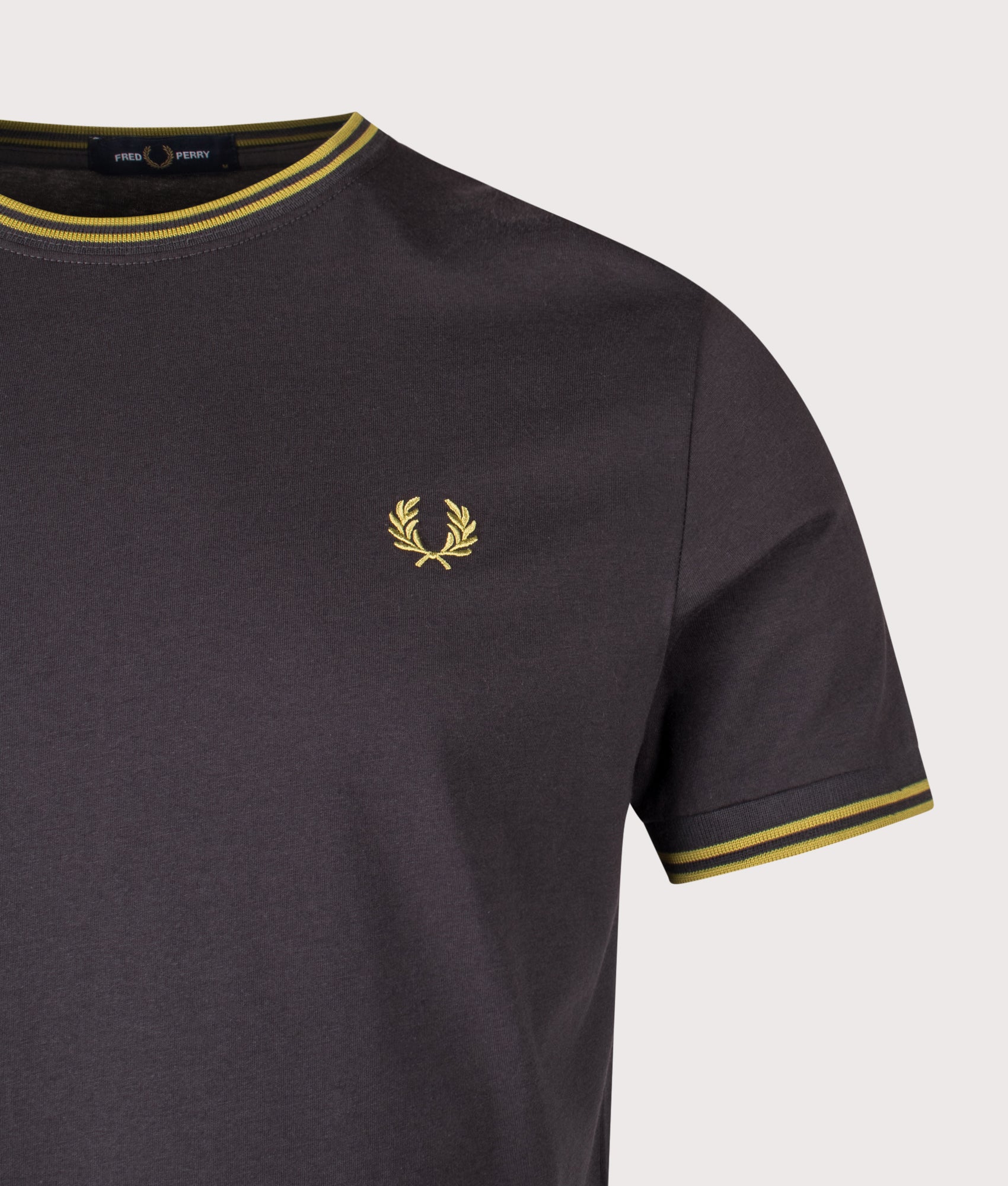 Fred Perry Twin Tipped T-Shirt arrives in Anchor Grey and Tennis Ball Yellow at EQVVS Menswear. Detail shot.