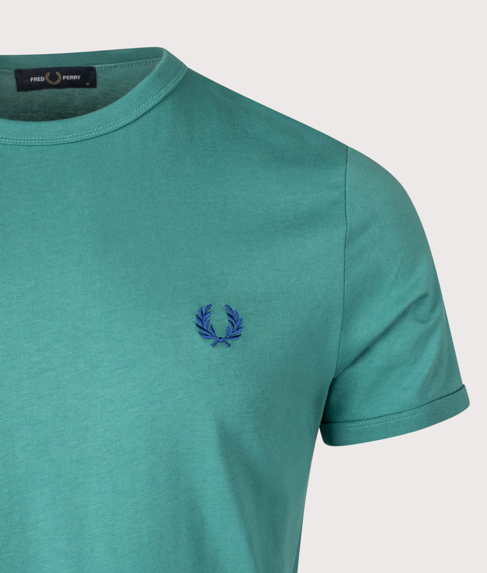 Ringer T-Shirt in Deep Mint | 100% Cotton | Fred Perry | EQVVS | Front detail shot 
