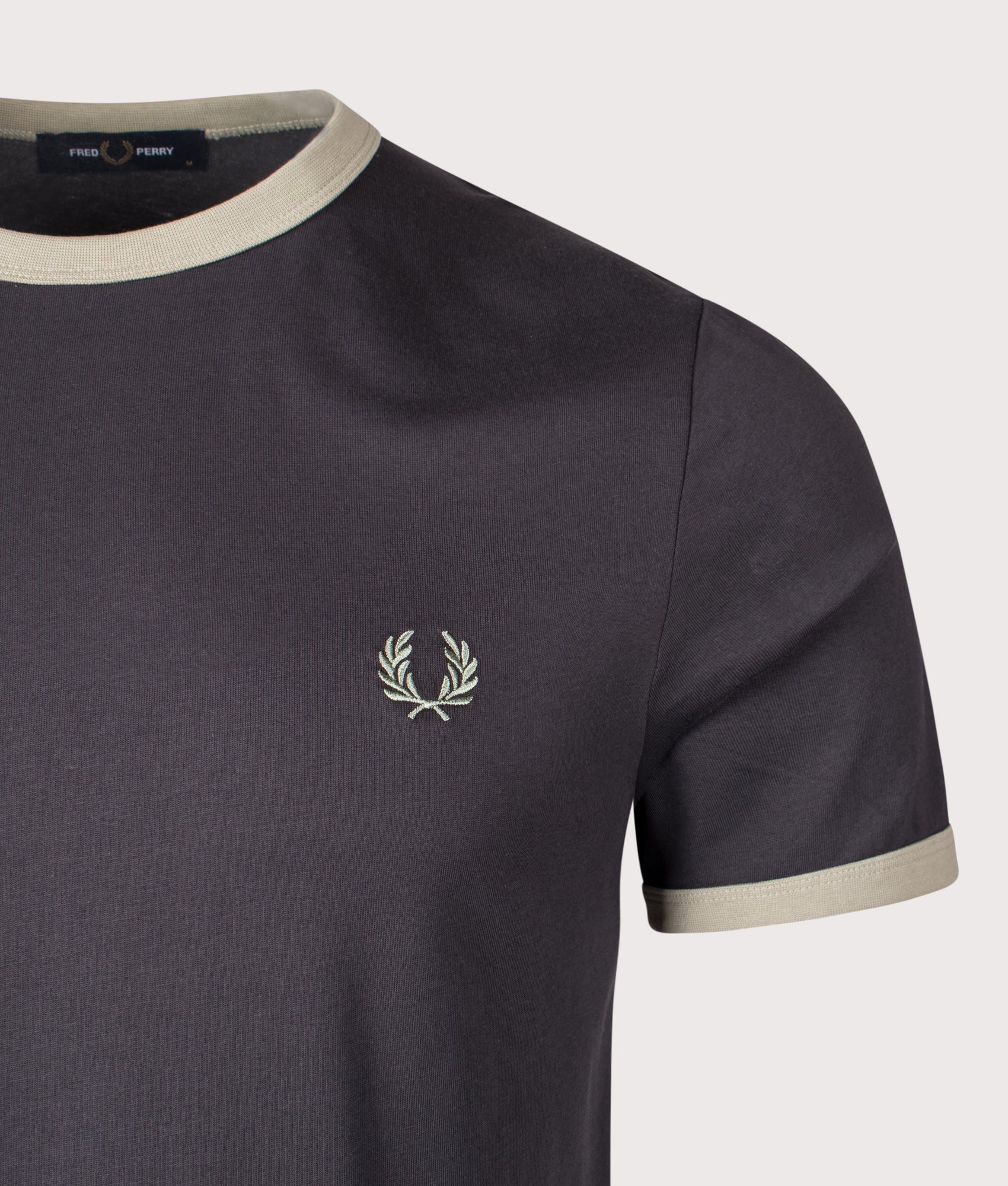 Ringer T-Shirt in Anchor Grey/Seagrass | 100% Cotton | Fred Perry | EQVVS | Front detail shot 