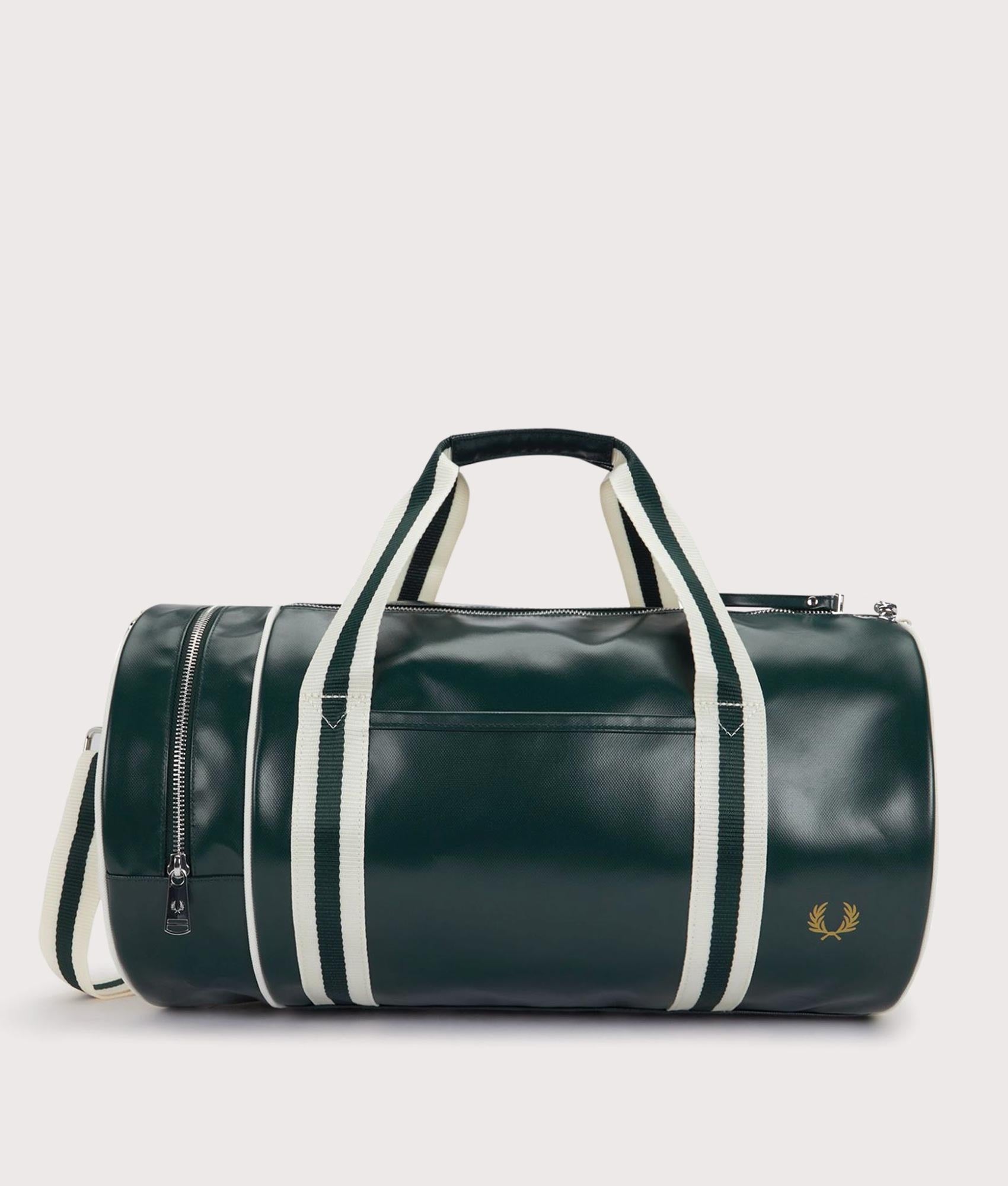 Fred Perry Classic Barrel Bag in Grassroots and Ecru at EQVVS Menswear. Front shot.