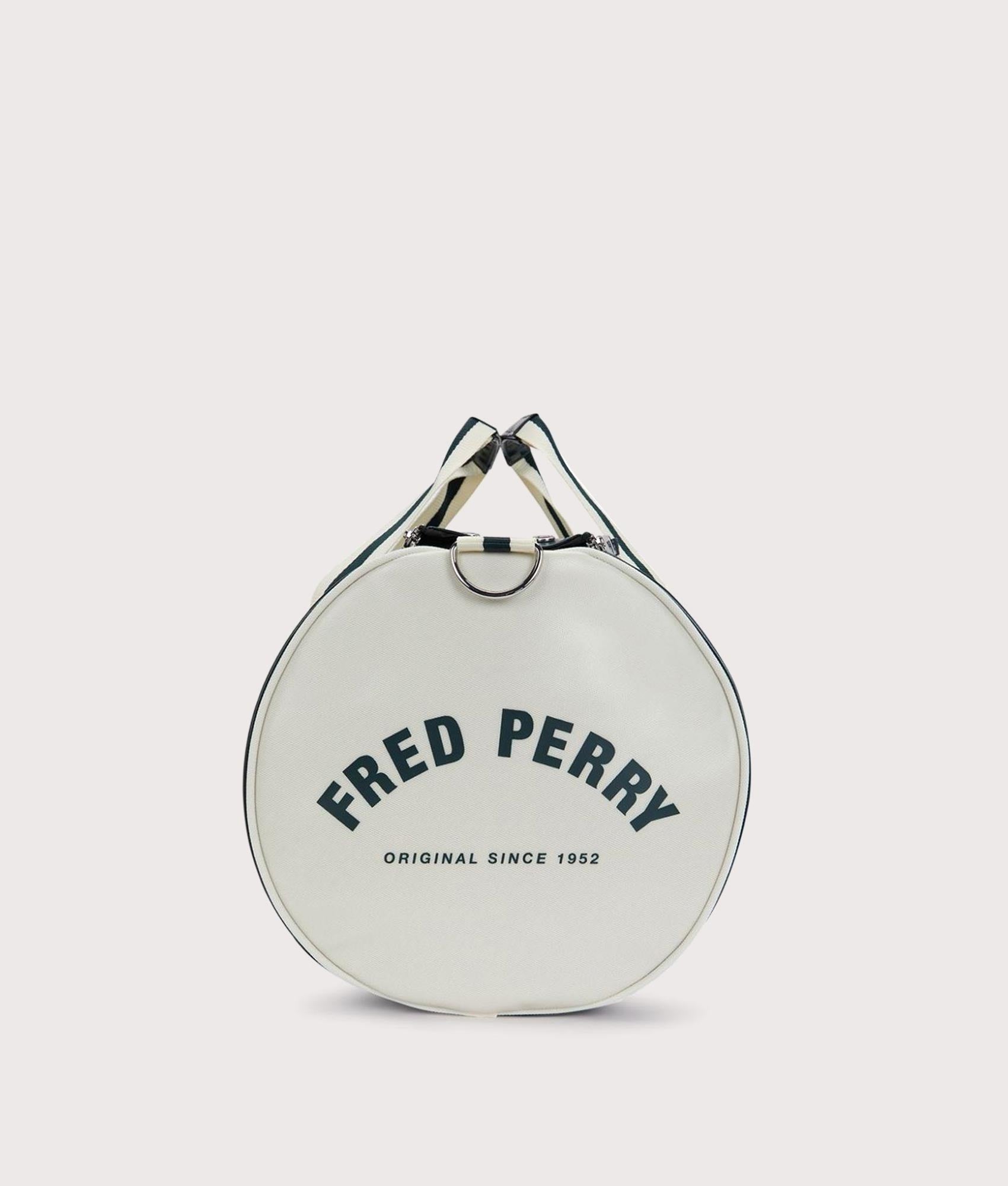 Fred Perry Classic Barrel Bag in Grassroots and Ecru at EQVVS Menswear. Detail shot.