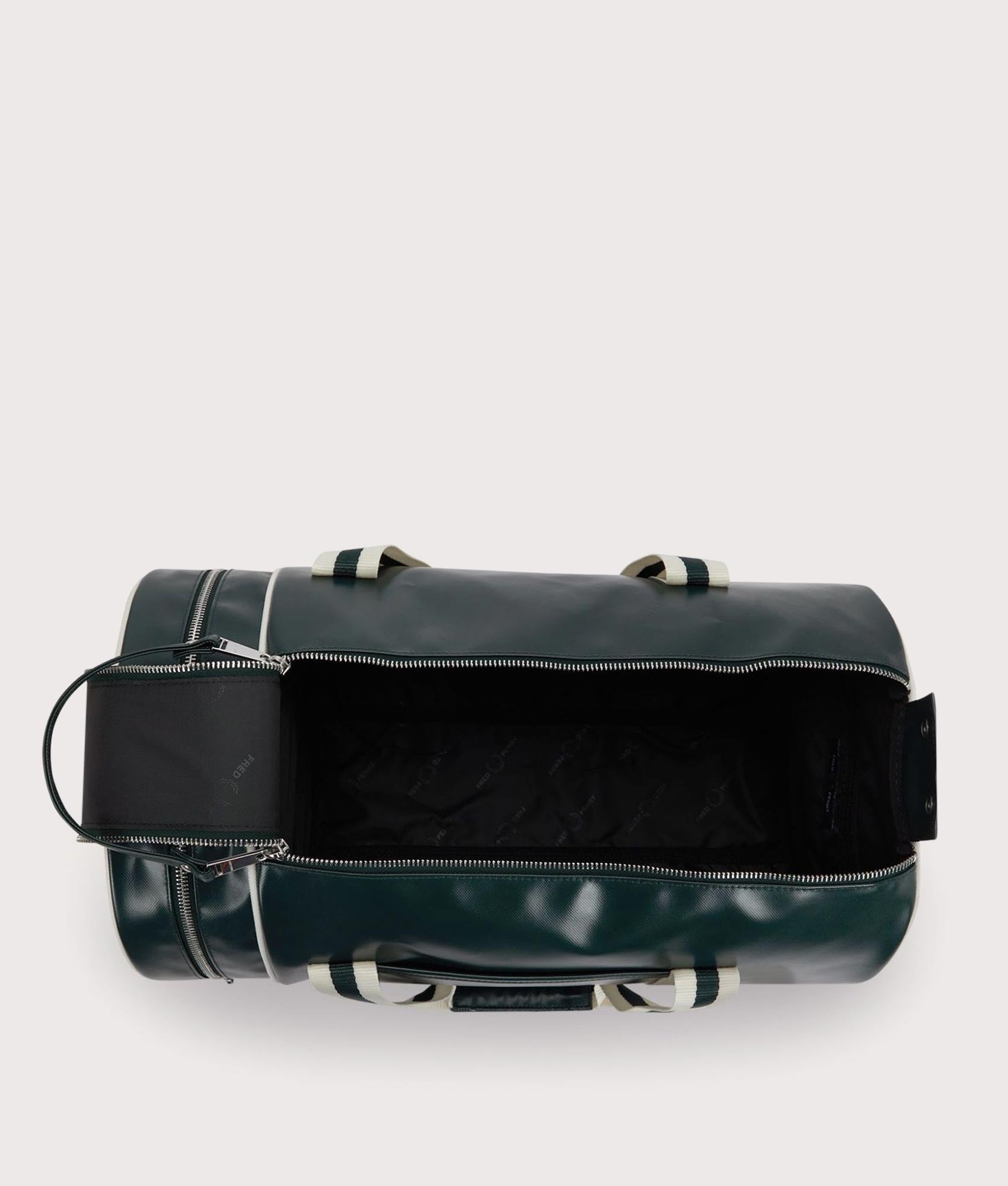 Fred Perry Classic Barrel Bag in Grassroots and Ecru at EQVVS Menswear. Open shot.