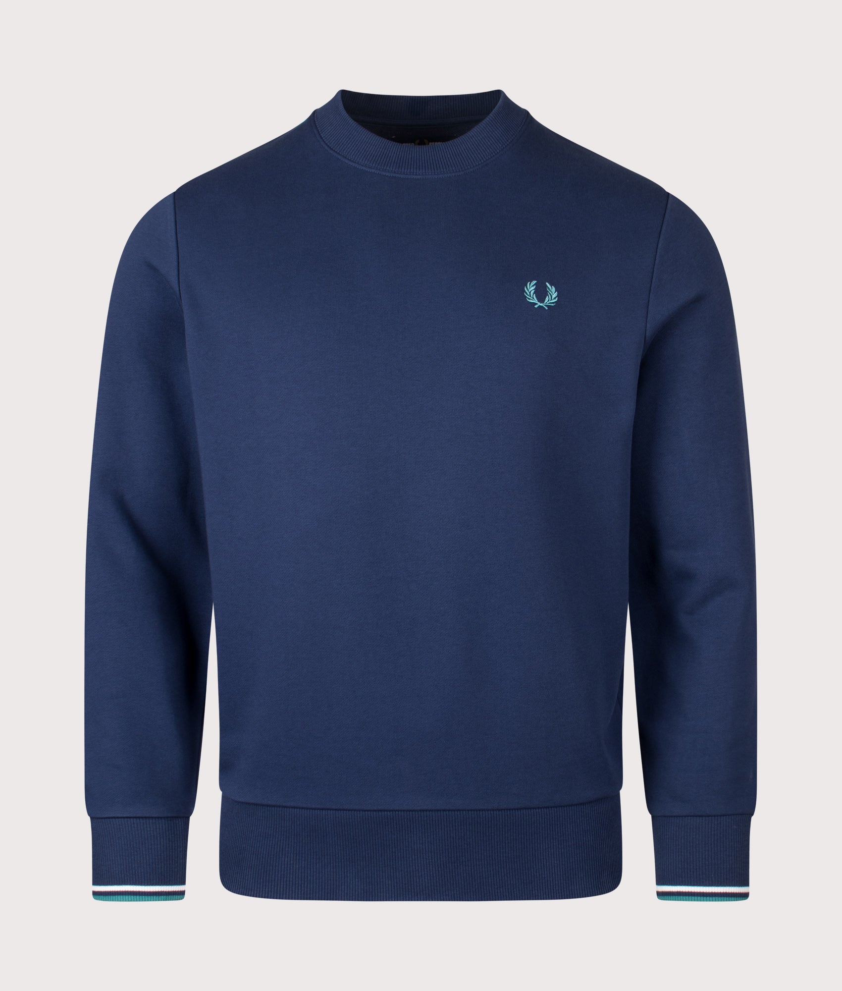 Crew Neck Sweatshirt in Tennis Blue/Snow White/Deep Mint | 100% Cotton | Fred Perry | EQVVS | Front shot 