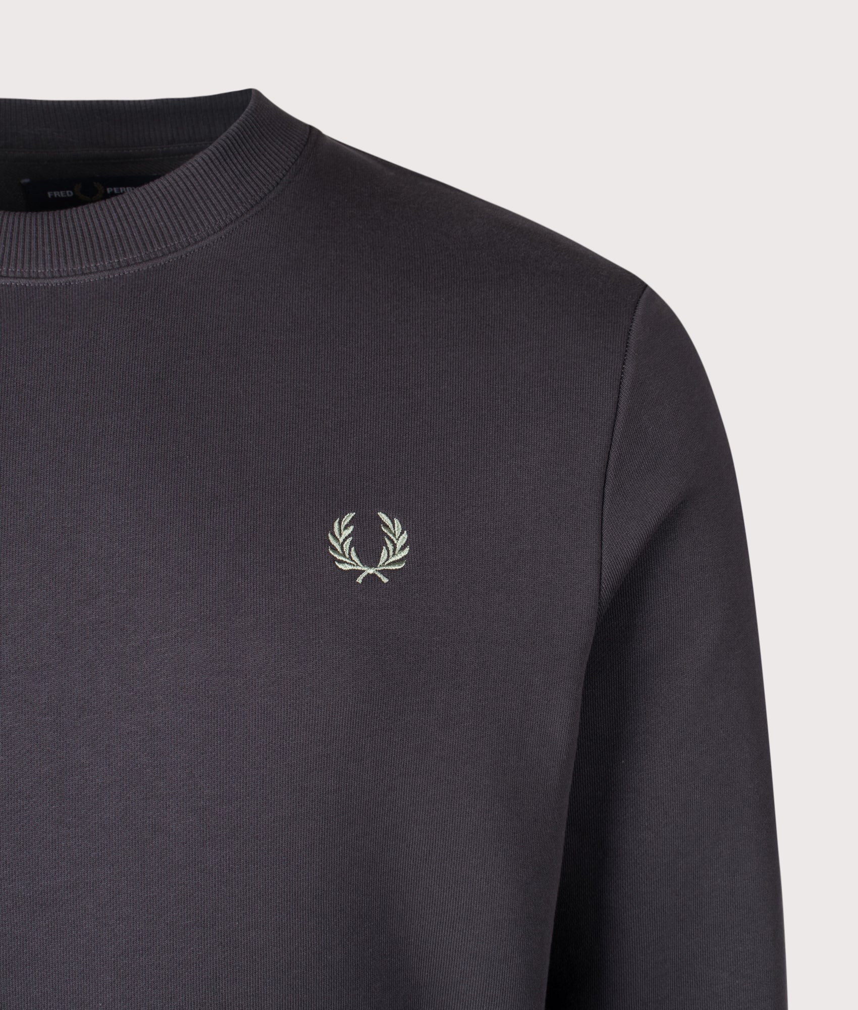 Crew Neck Sweatshirt in Anchor Grey/Ecru/Seagrass | 100% Cotton | Fred Perry | EQVVS | Front detail shot 