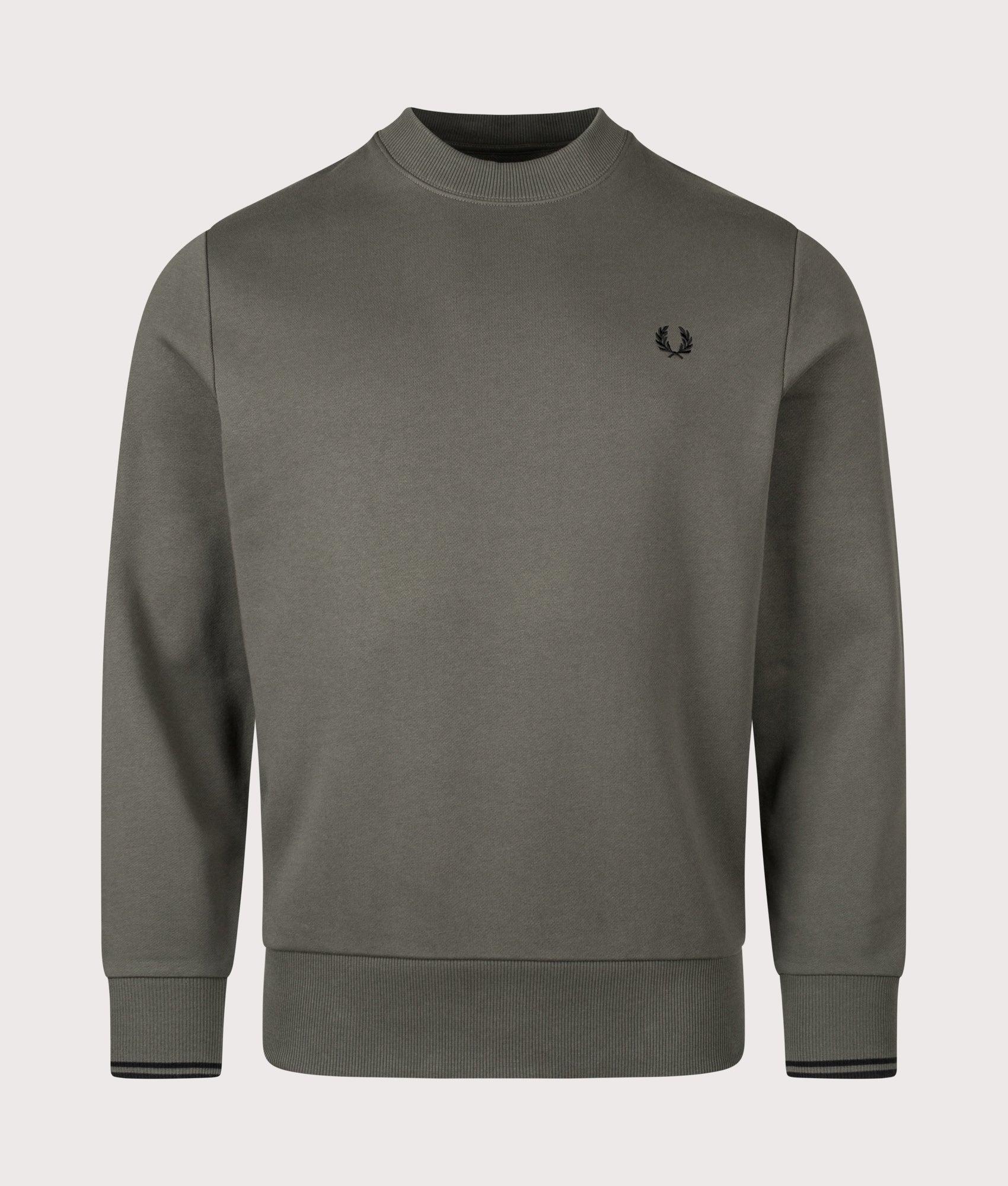 Crew Neck Sweatshirt in Field Green/Black | 100% Cotton | Fred Perry | EQVVS | Front shot 
