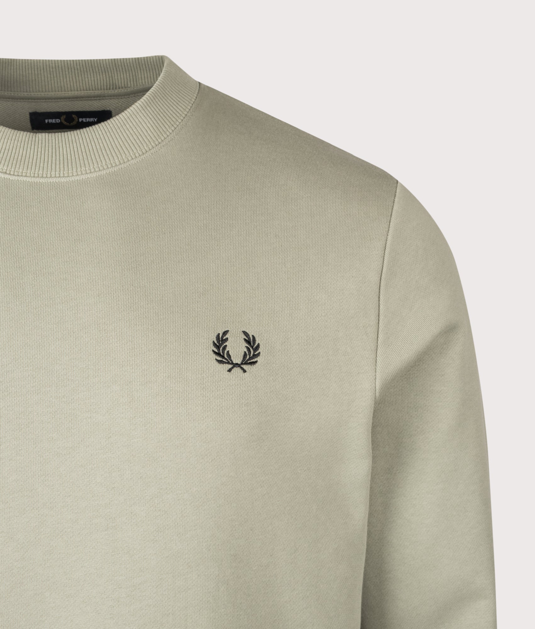 Crew Neck Sweatshirt in Seagrass/Black | 100% Cotton | Fred Perry | EQVVS | Front detail shot 