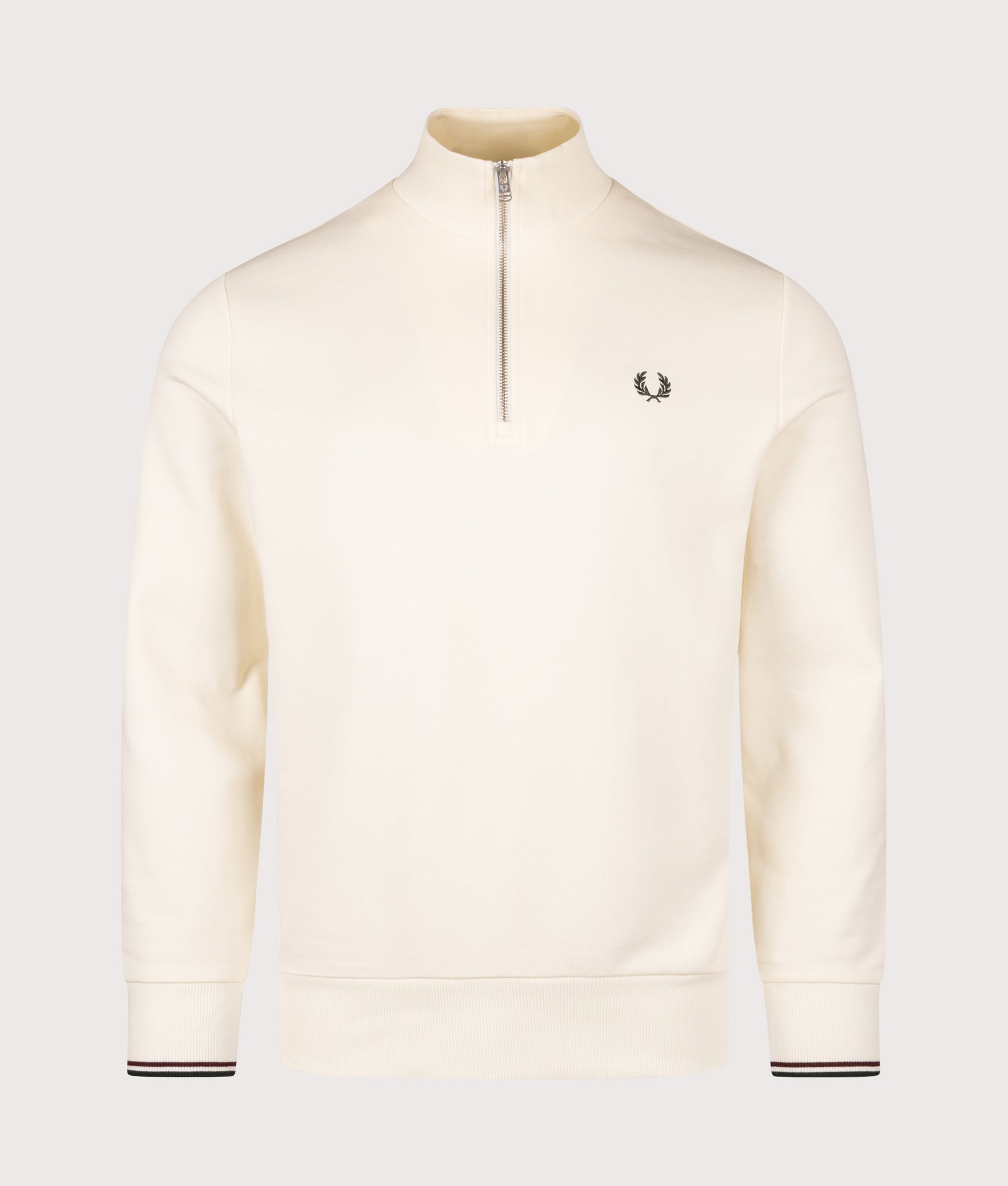Quarter Zip Sweatshirt in Ecru/Oxblood/Grassroots | 100% Cotton | Fred Perry | EQVVS | Front shot 