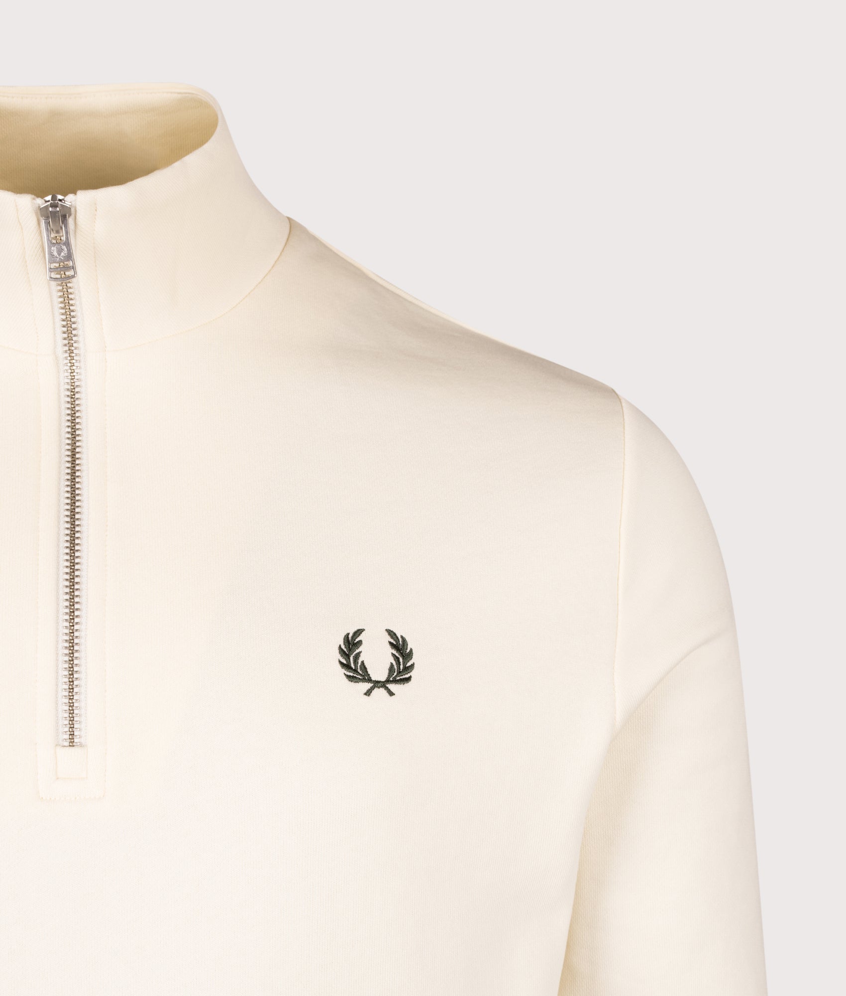 Quarter Zip Sweatshirt in Ecru/Oxblood/Grassroots | 100% Cotton | Fred Perry | EQVVS | Detail shot 