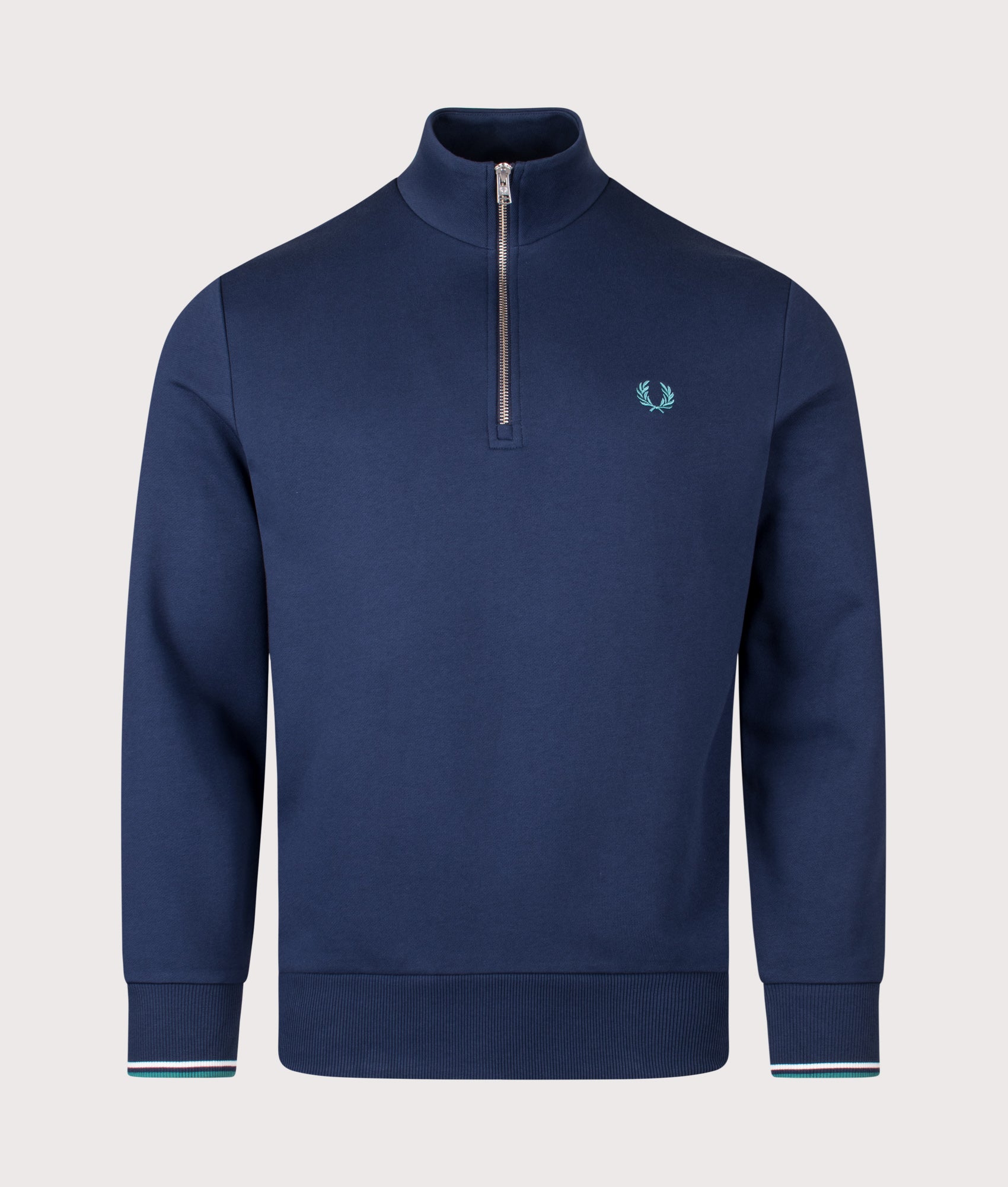 Quarter Zip Sweatshirt in Tennis Blue/Snow White/Deep Mint | Fred Perry | EQVVS Menswear | Front shot.