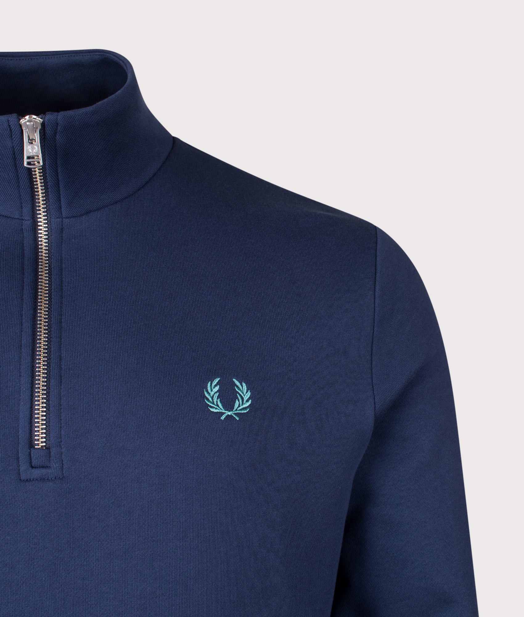 Quarter Zip Sweatshirt in Tennis Blue/Snow White/Deep Mint | Fred Perry | EQVVS Menswear | Detail shot