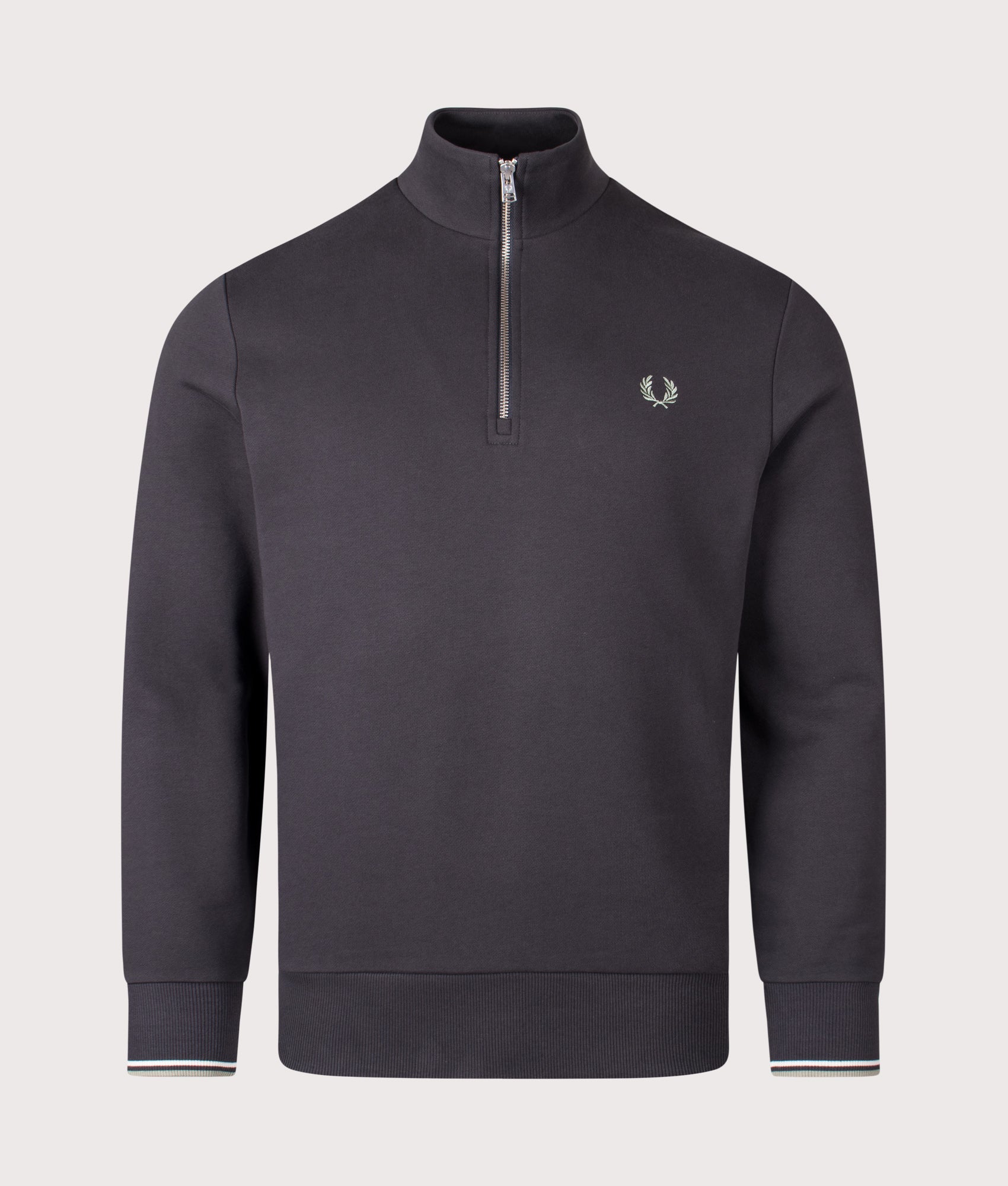 Quarter Zip Sweatshirt in Anchor Grey/Ecru/Seagrass | Fred Perry | EQVVS Menswear | Front shot.