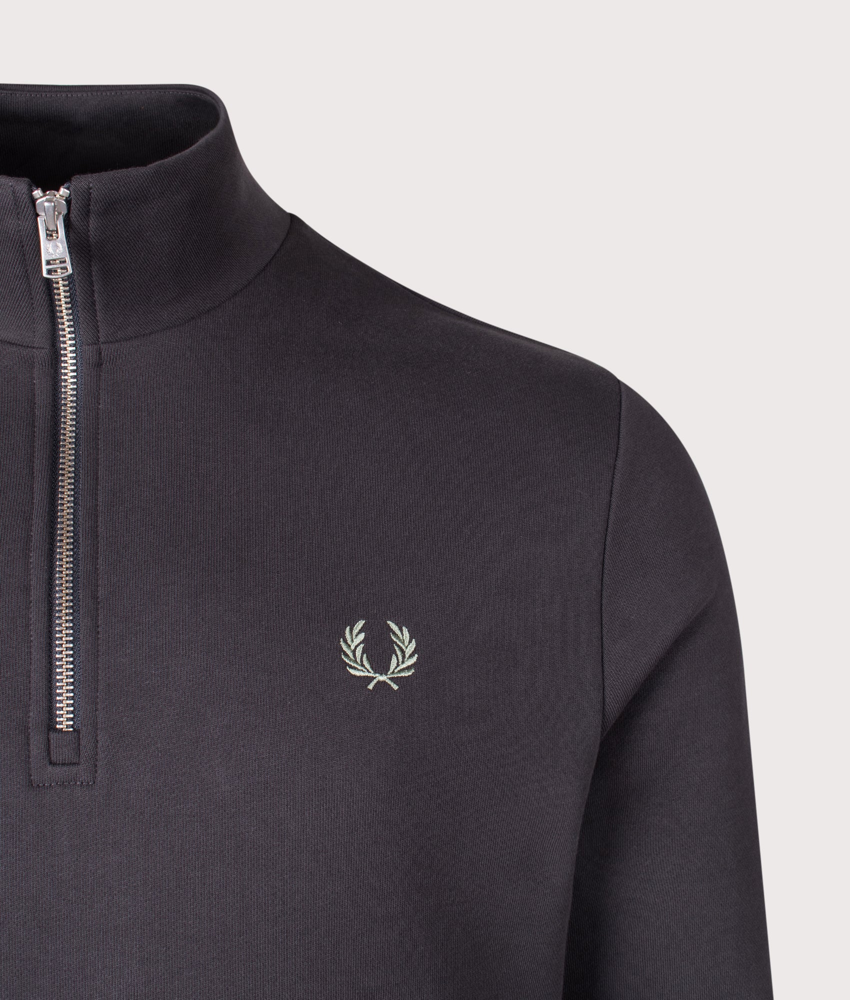 Quarter Zip Sweatshirt in Anchor Grey/Ecru/Seagrass | Fred Perry | EQVVS Menswear | Detail shot.