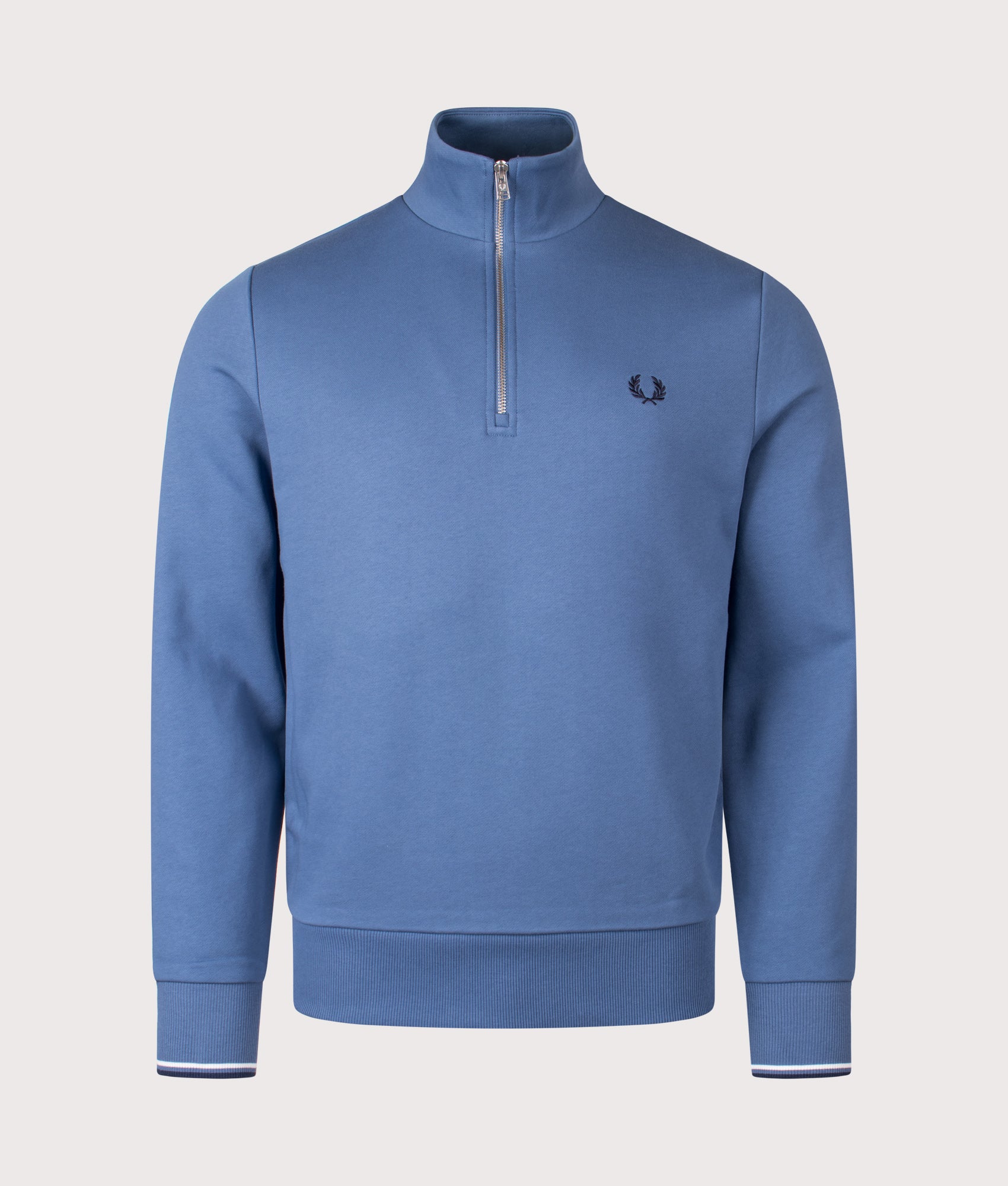 Quarter Zip Sweatshirt in Ace Blue/Snow White/Tennis Blue | 100% Cotton | Fred Perry | EQVVS | Front shot 