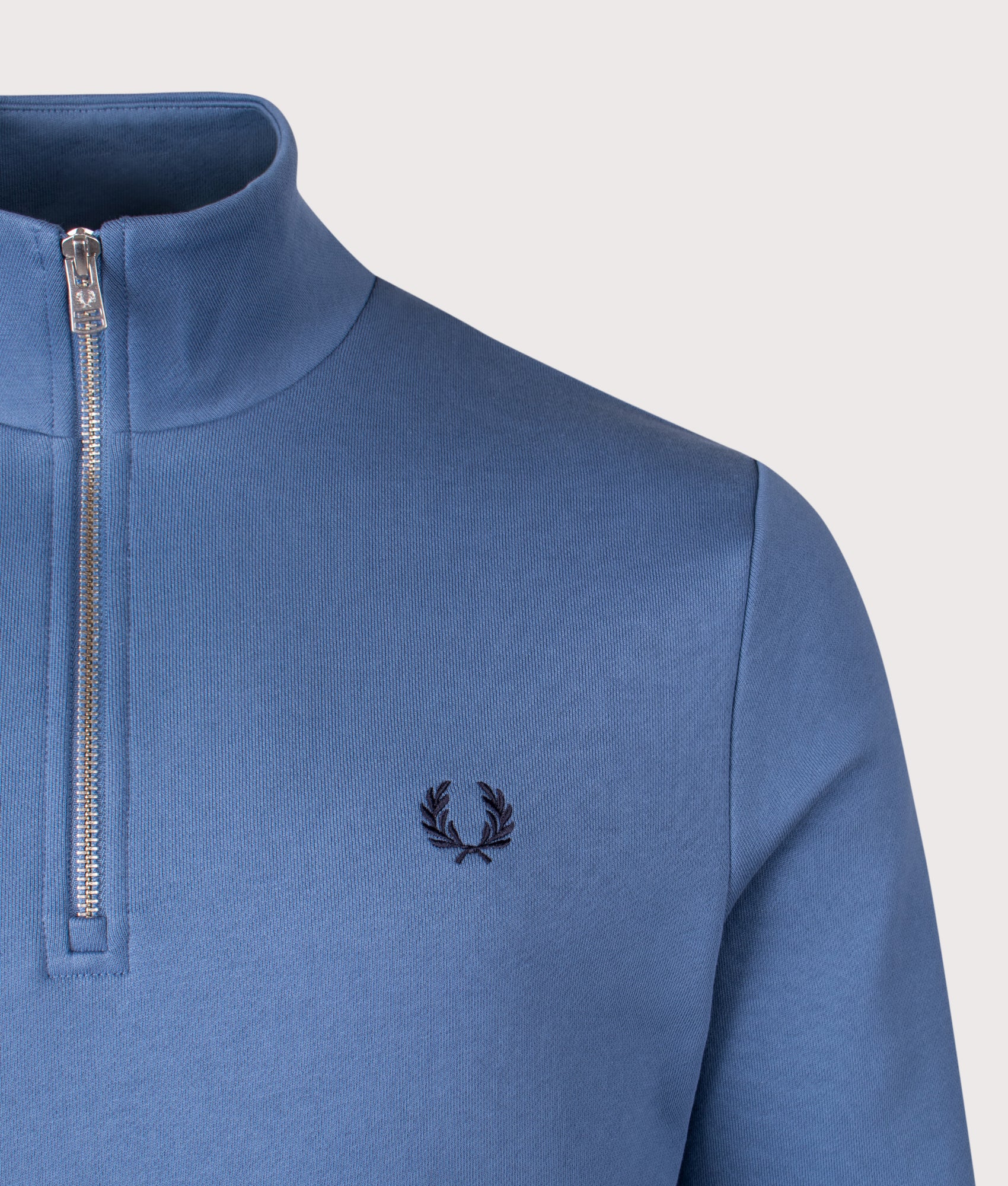 Quarter Zip Sweatshirt in Ace Blue/Snow White/Tennis Blue | 100% Cotton | Fred Perry | EQVVS | Front detail shot 