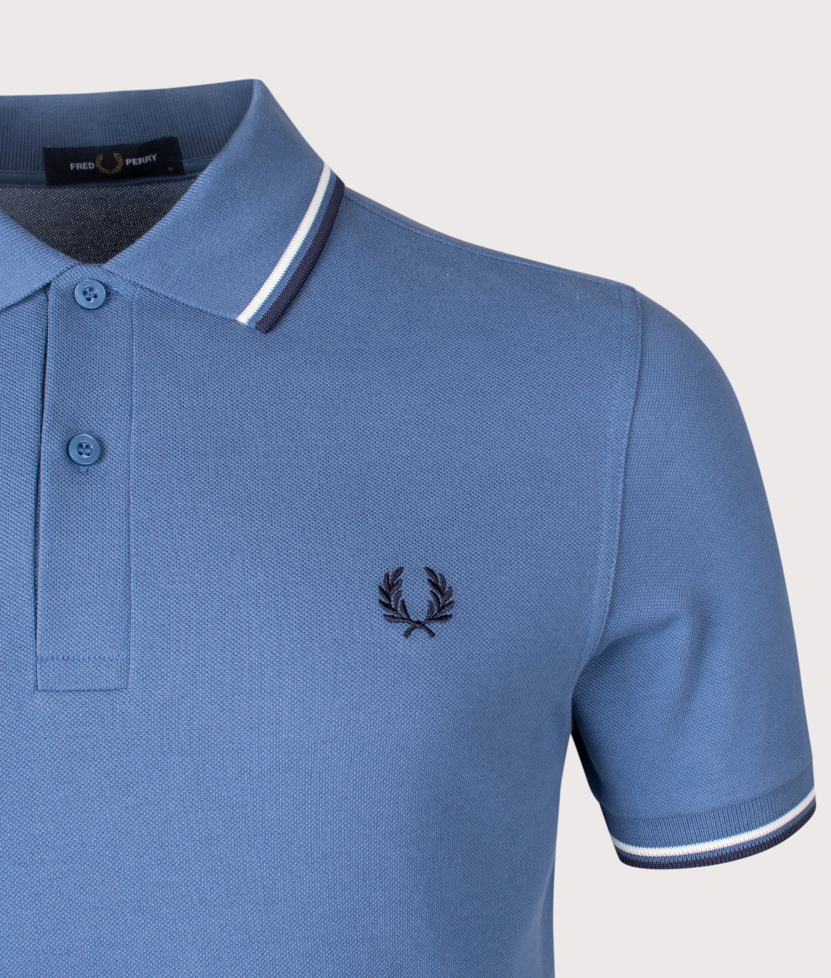Twin Tipped Polo Shirt in Ace Blue/Snow Blue/Tennis Blue | 100% Cotton | Fred Perry | EQVVS | Front detail shot 