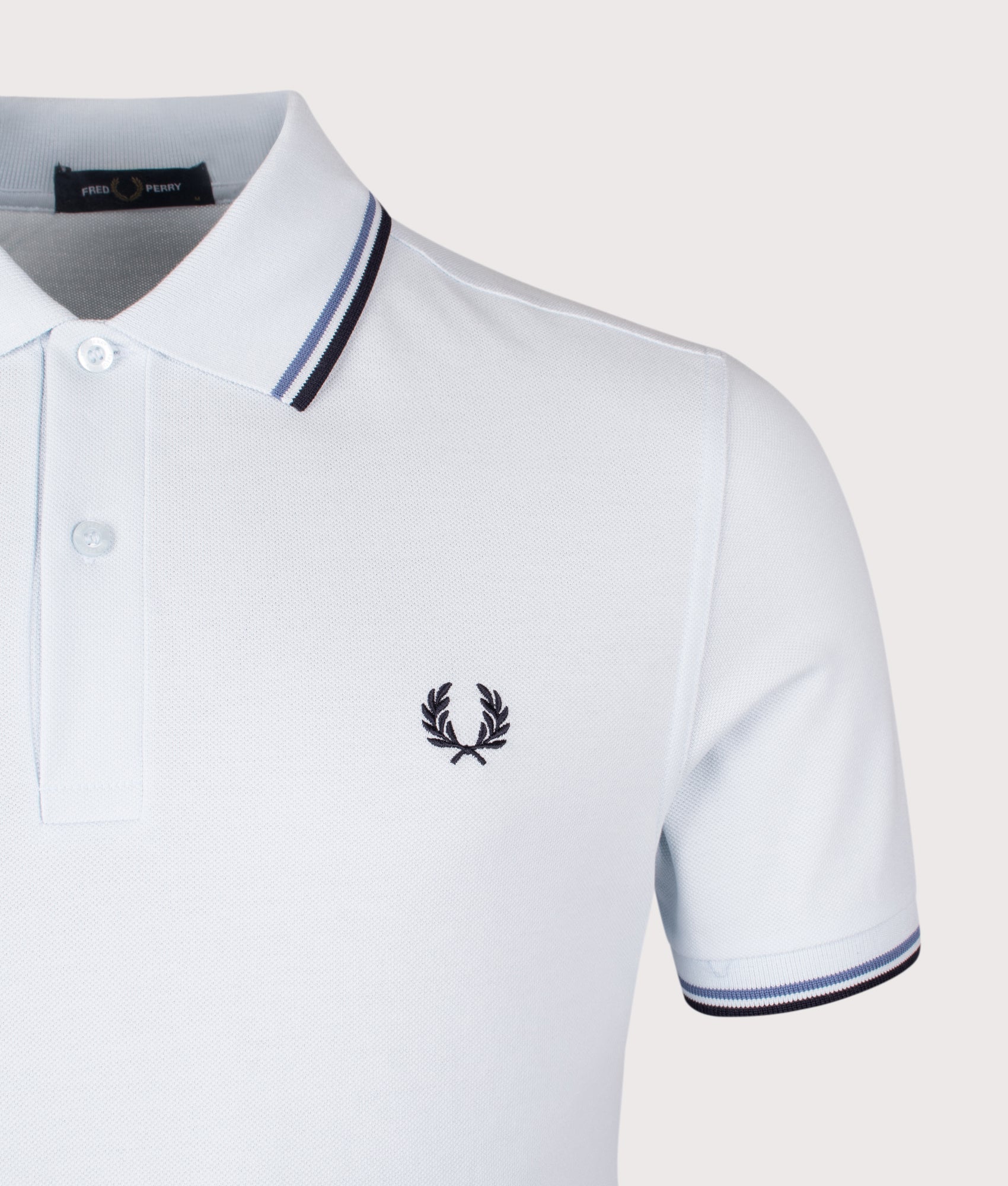 Twin Tipped Polo Shirt in Light Ice/Ace Blue/Navy | 100% Cotton | Fred Perry | EQVVS | Front detail shot 
