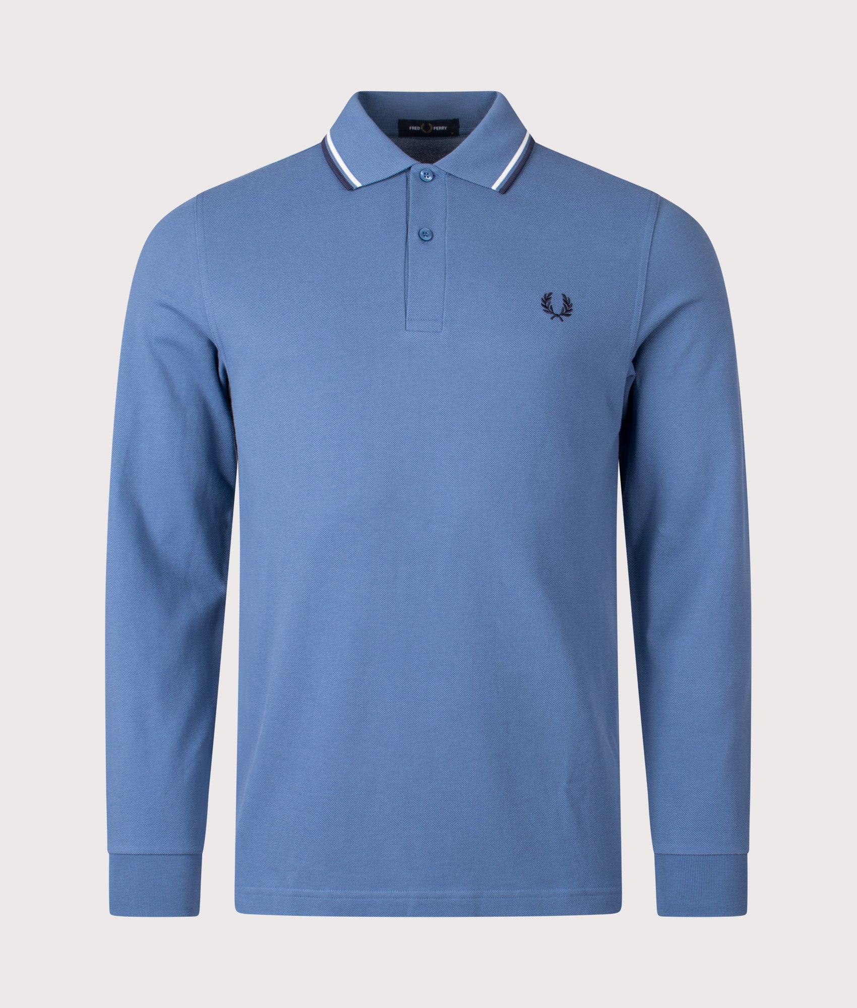 Long Sleeve Twin Tipped Polo Shirt in Ace Blue/Snow White/Tennis Blue | 100% Cotton | Fred Perry | EQVVS | Front shot 
