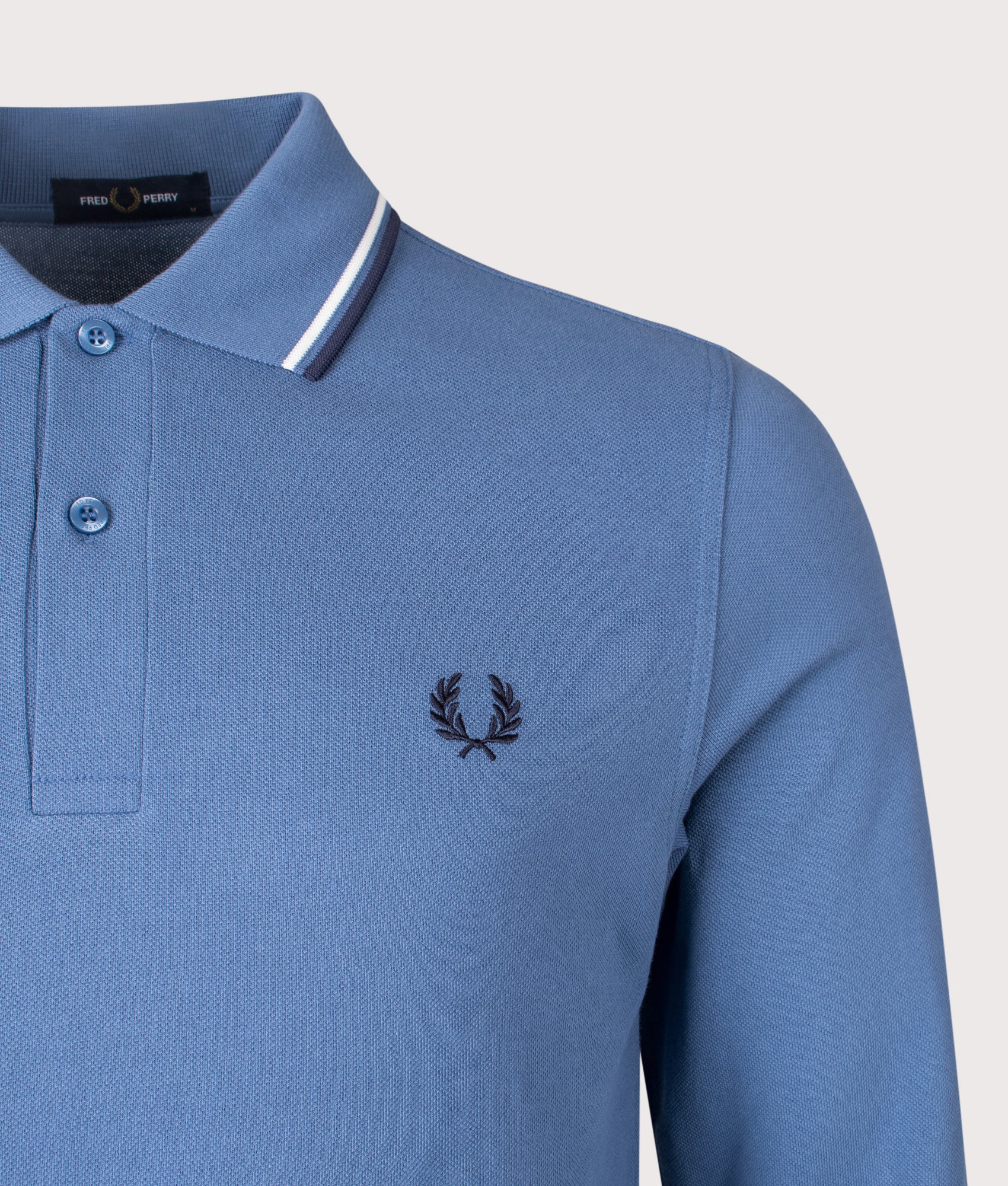 Long Sleeve Twin Tipped Polo Shirt in Ace Blue/Snow White/Tennis Blue | 100% Cotton | Fred Perry | EQVVS | Front detail shot 