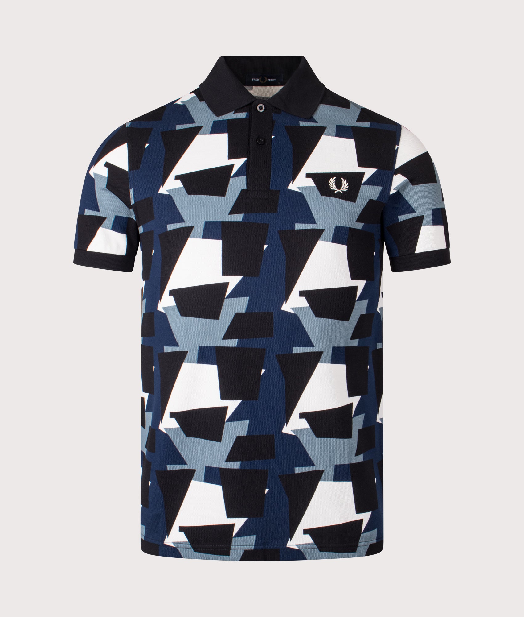 Fred Perry Fragment Print Polo Shirt in Ecru at EQVVS Menswear. Front shot.