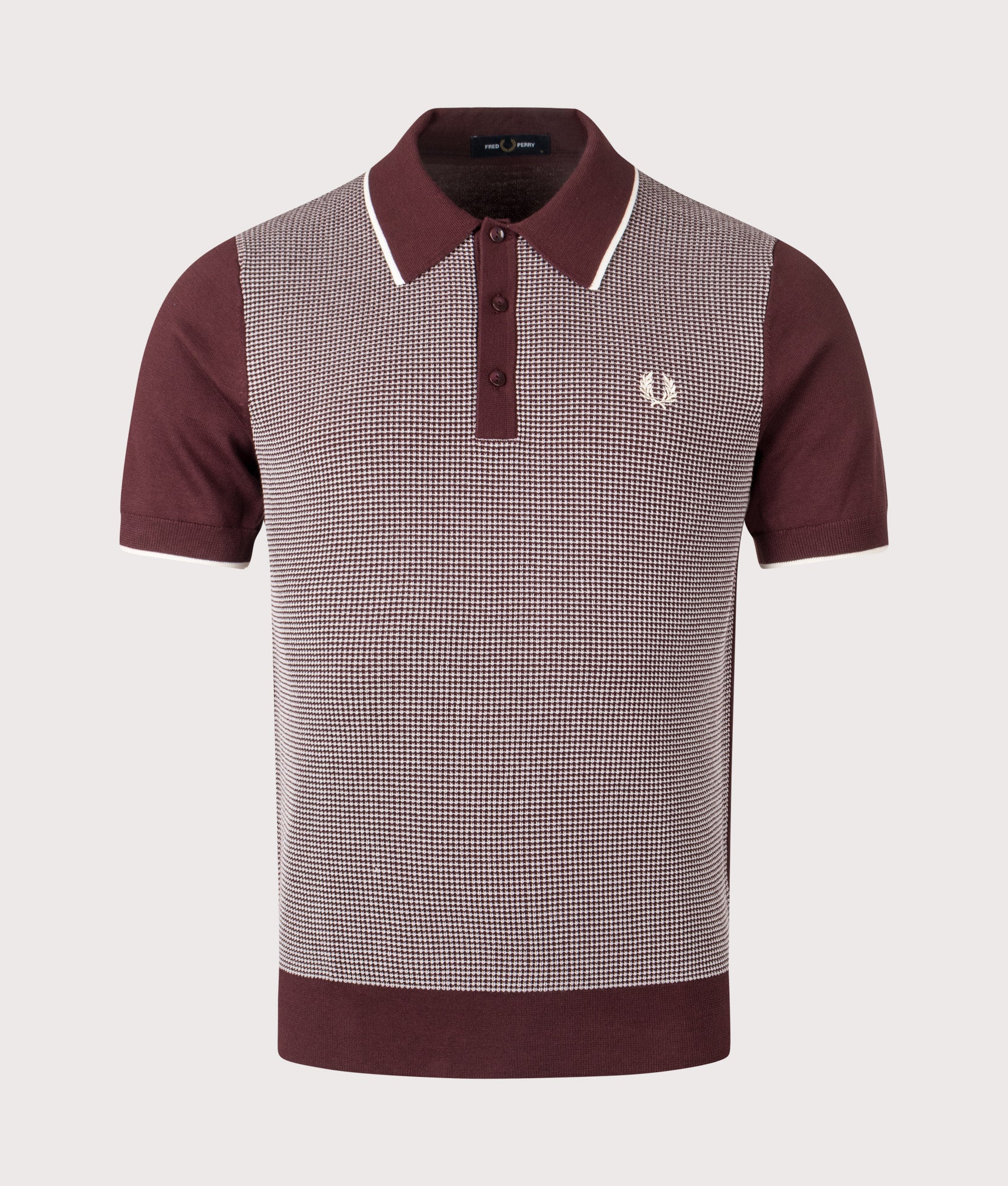 Fred Perry Tonic Waffle Knitted Shirt in Oxblood at EQVVS Menswear. Front shot.