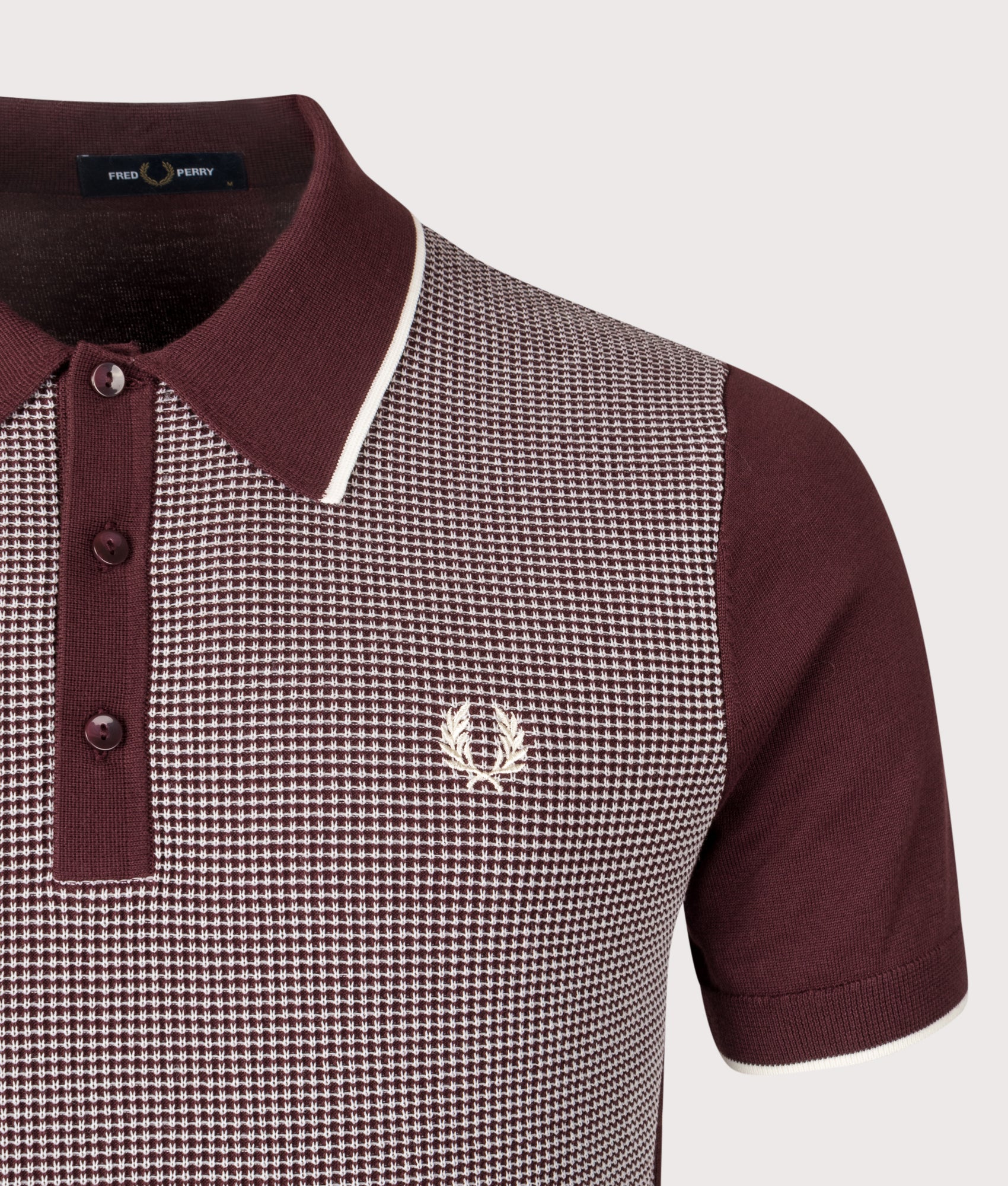 Fred Perry Tonic Waffle Knitted Shirt in Oxblood at EQVVS Menswear. Detail shot.