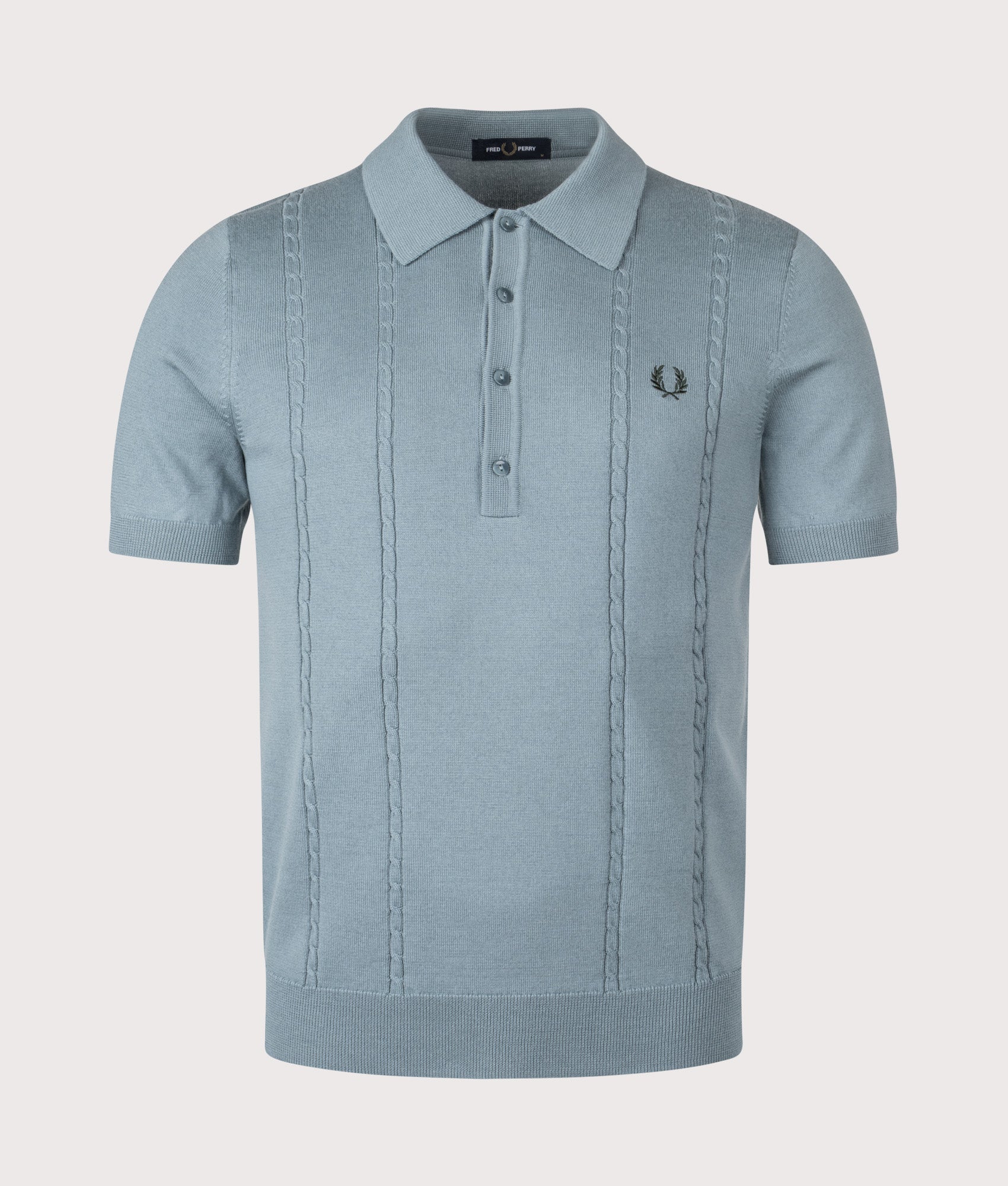 Fred Perry Cable Knitted Polo Shirt in Stockport Blue at EQVVS Menswear. Front shot.