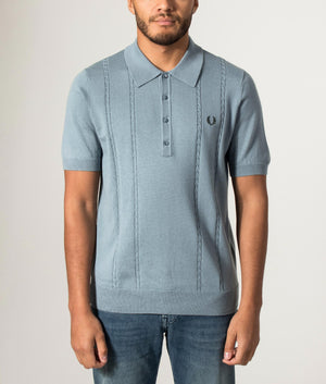 Regular Fit Cable Knitted Polo Shirt in Stockport Blue | Fred