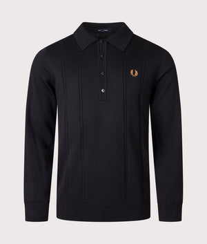 Regular Fit Long Sleeve Cable Knitted Polo Shirt in Black | Fred