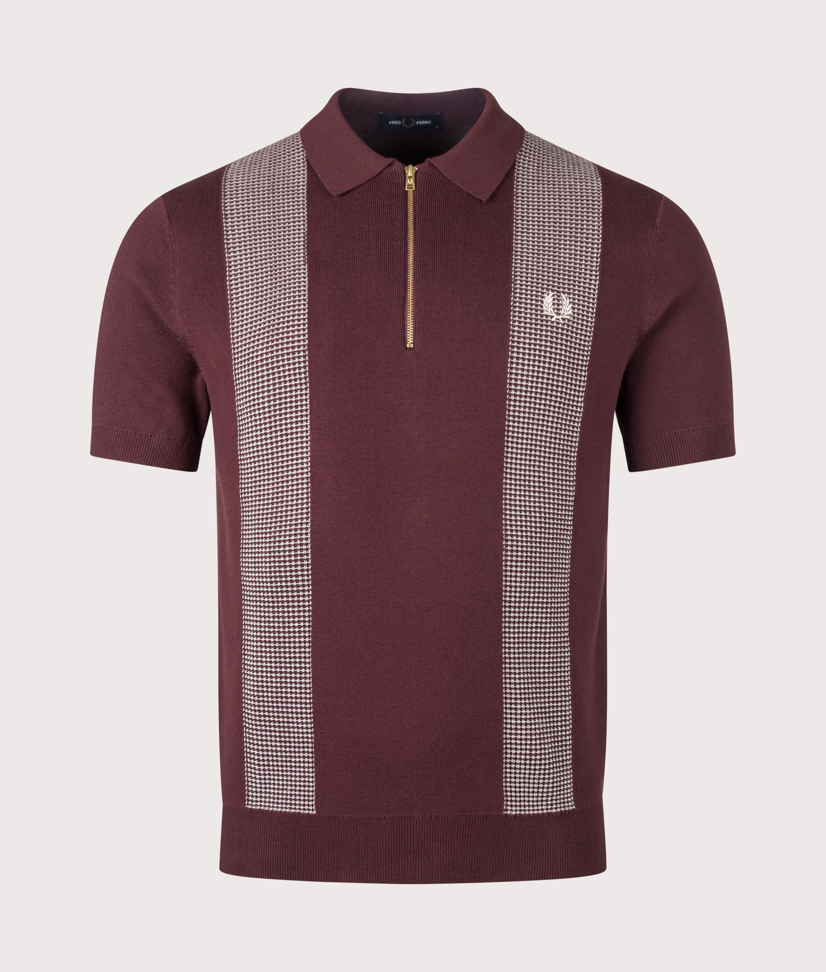Fred Perry Panel Detail Knitted Polo Shirt in Oxblood at EQVVS Menswear. Front shot.