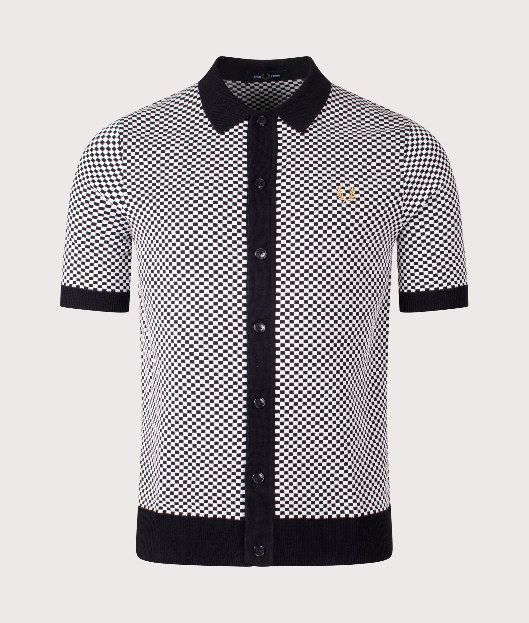 Fred Perry Chequerboard Button Through Shirt in Black at EQVVS Menswear. Front shot.