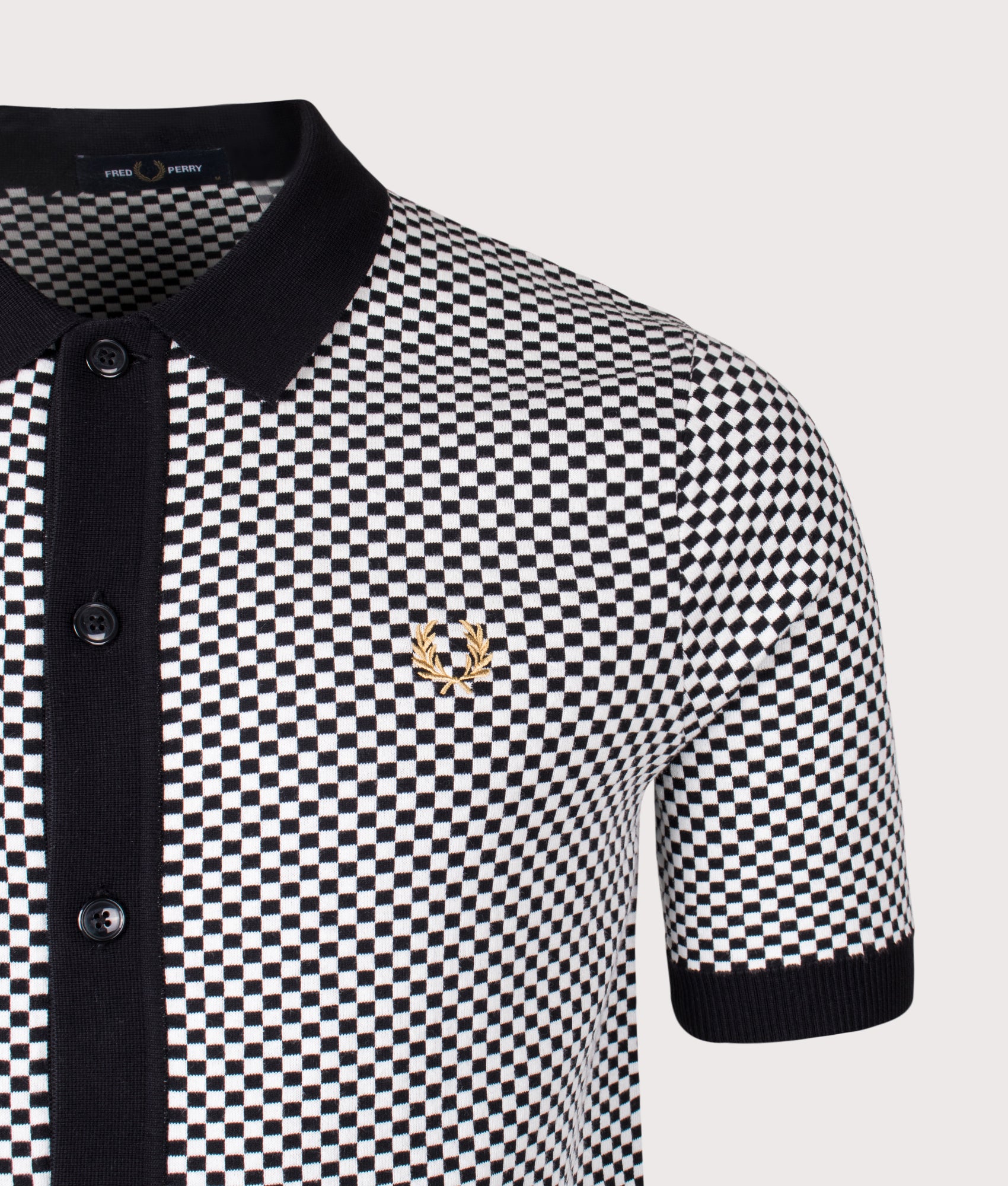 Fred Perry Chequerboard Button Through Shirt in Black at EQVVS Menswear. Detail shot.