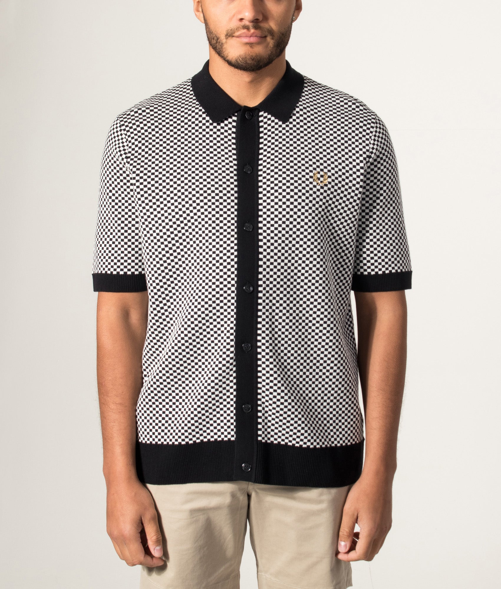 Fred Perry Chequerboard Button Through Shirt in Black at EQVVS Menswear. Model front shot.