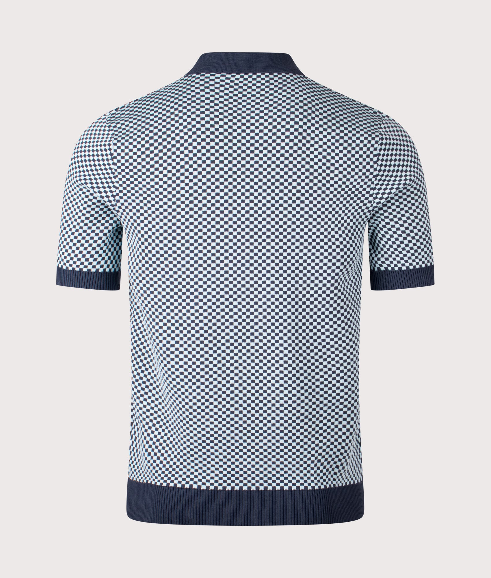 Fred Perry Chequerboard Knitted Polo Shirt in Dark Airforce at EQVVS Menswear. Back shot.