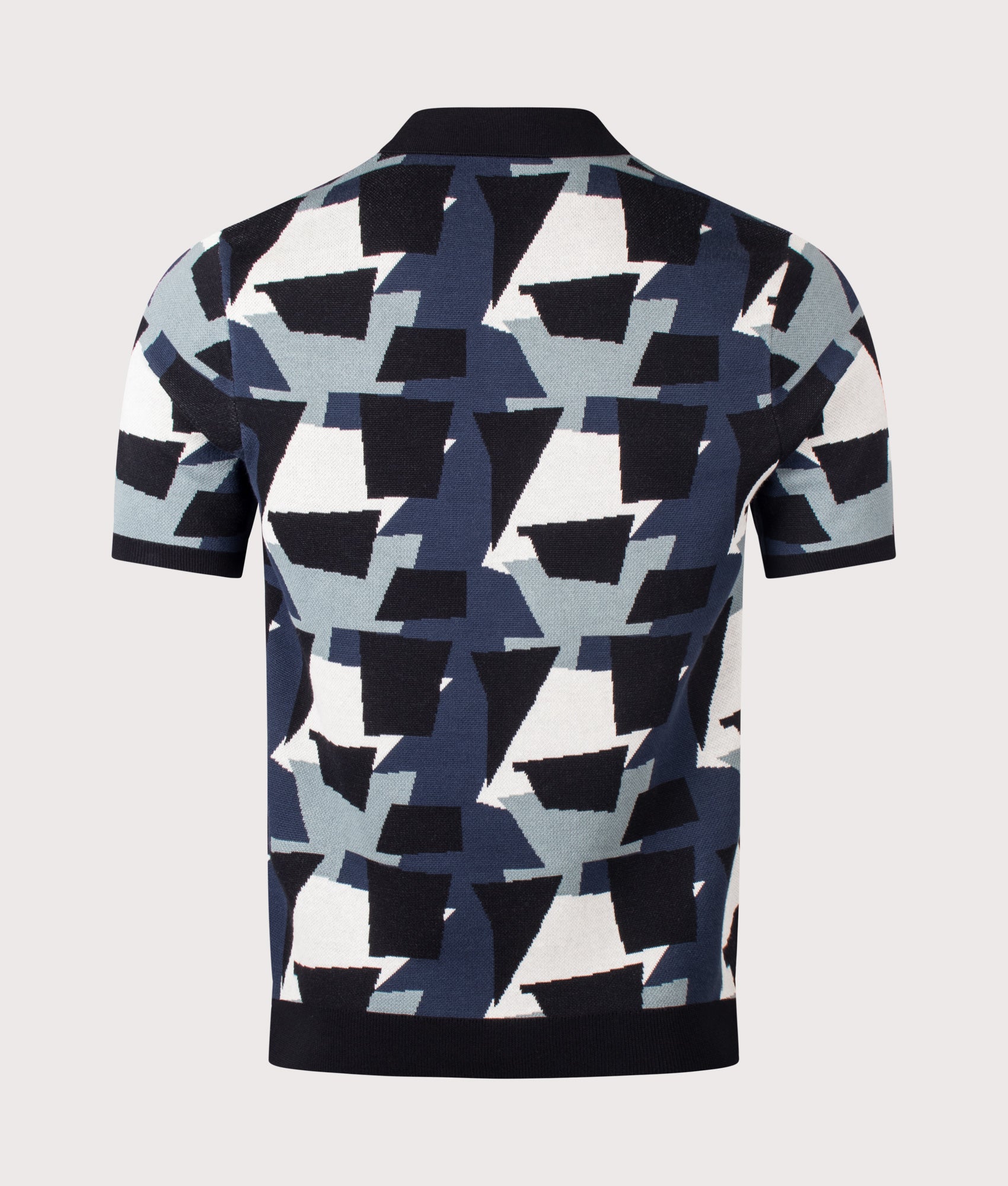 Fred Perry Fragment Jacquard Knit Polo Shirt in Black at EQVVS Menswear. Back shot.