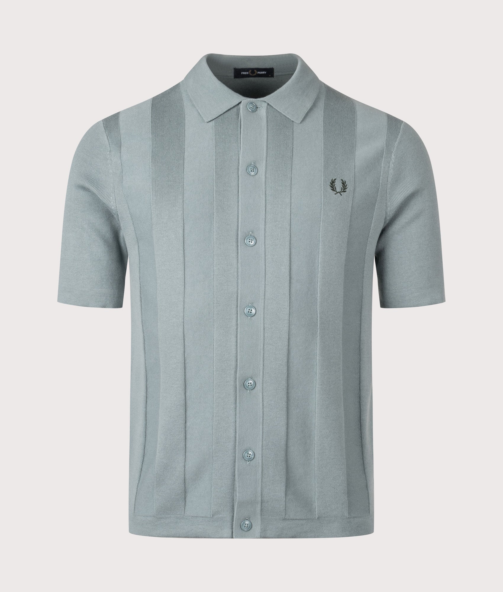 Fred Perry Tonal Vertical Stripe Knitted Shirt in Stockport Blue at EQVVS Menswear. Front shot.