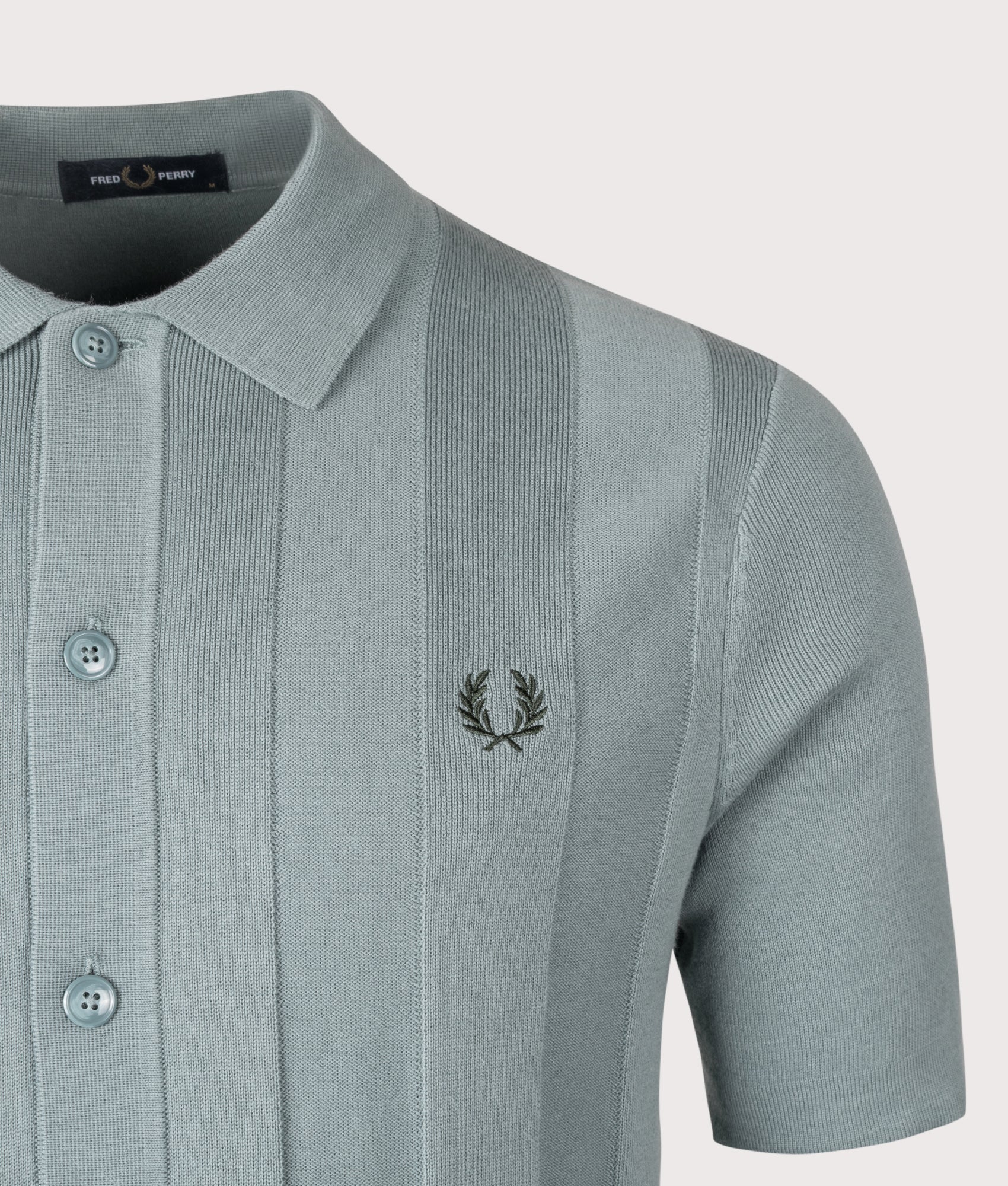 Fred Perry Tonal Vertical Stripe Knitted Shirt in Stockport Blue at EQVVS Menswear. Detail shot.