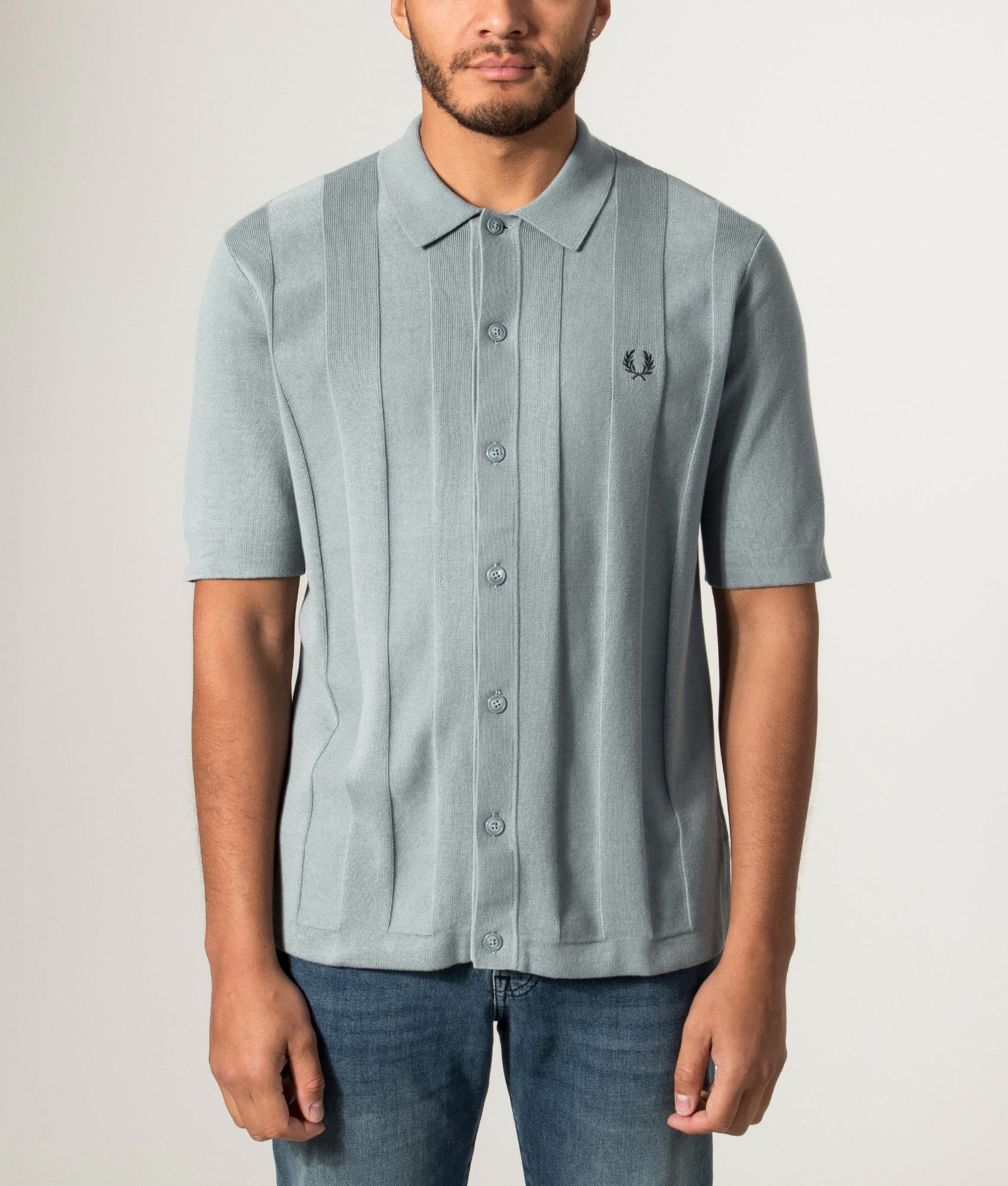 Fred Perry Tonal Vertical Stripe Knitted Shirt in Stockport Blue at EQVVS Menswear. Model front shot.