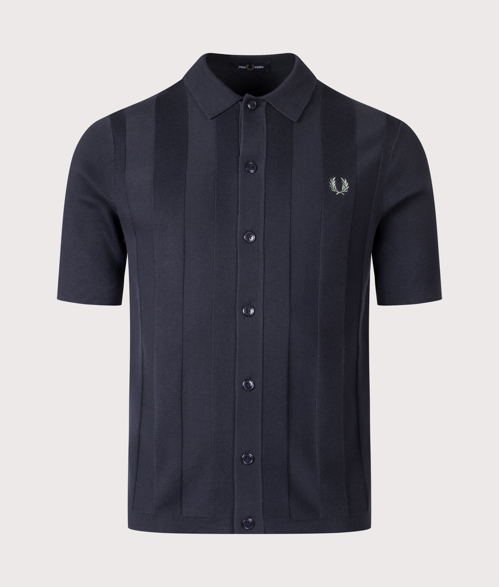 Fred Perry Tonal Vertical Stripe Knitted Shirt in Navy at EQVVS Menswear. Front shot.