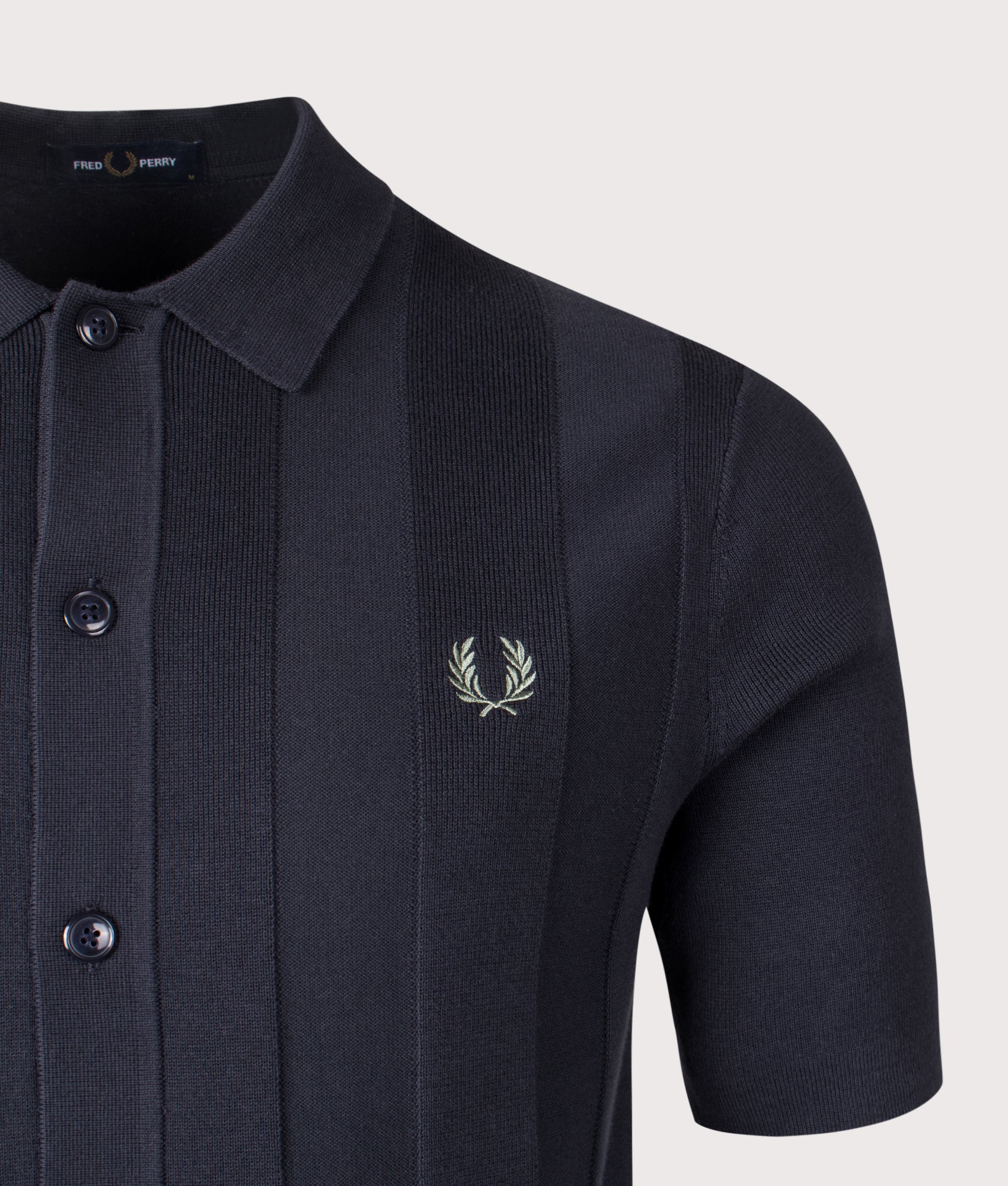 Fred Perry Tonal Vertical Stripe Knitted Shirt in Navy at EQVVS Menswear. Detail shot.