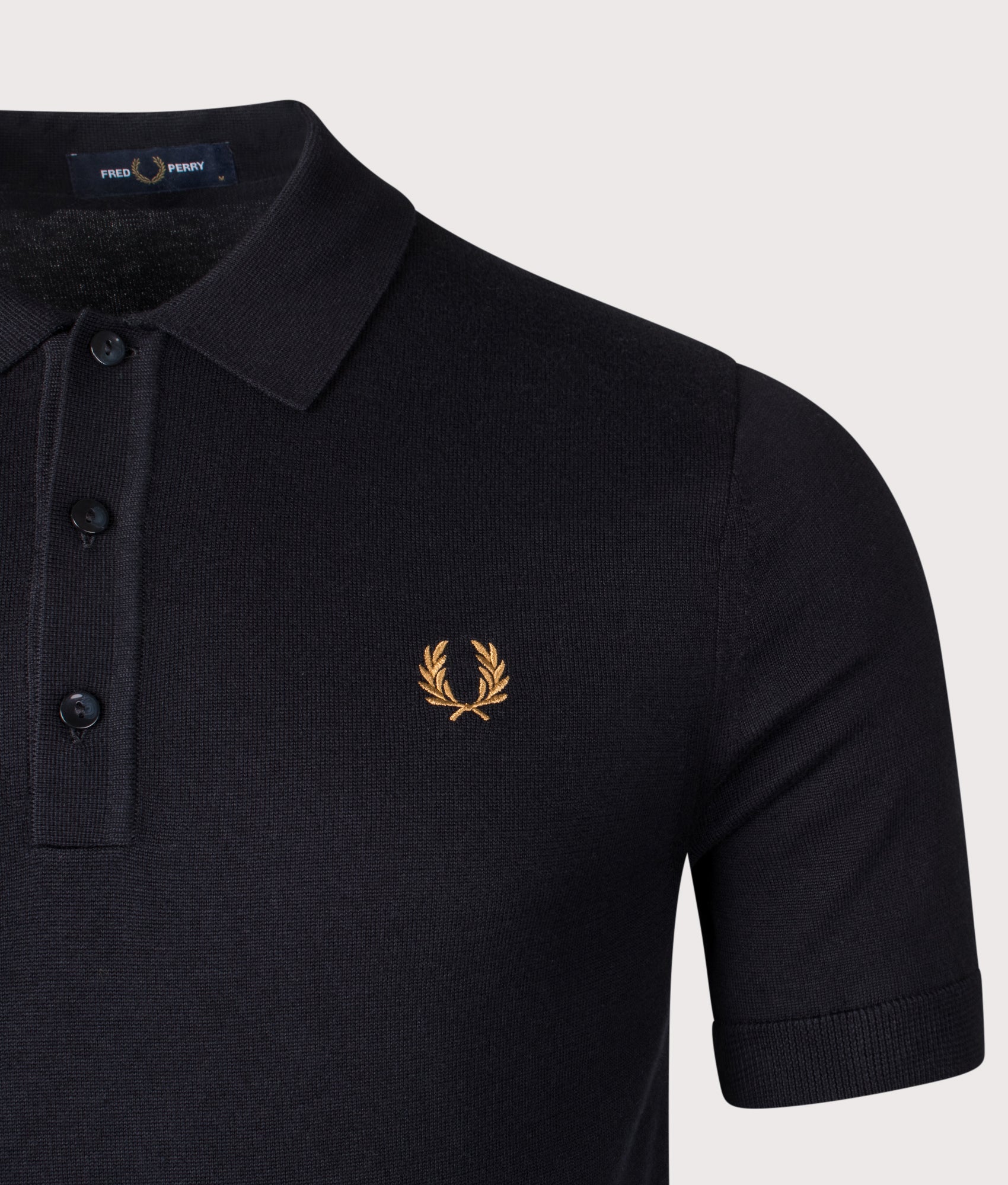 Fred Perry Supima® Cotton Knitted Shirt  in Black at EQVVS Menswear. Detail shot.