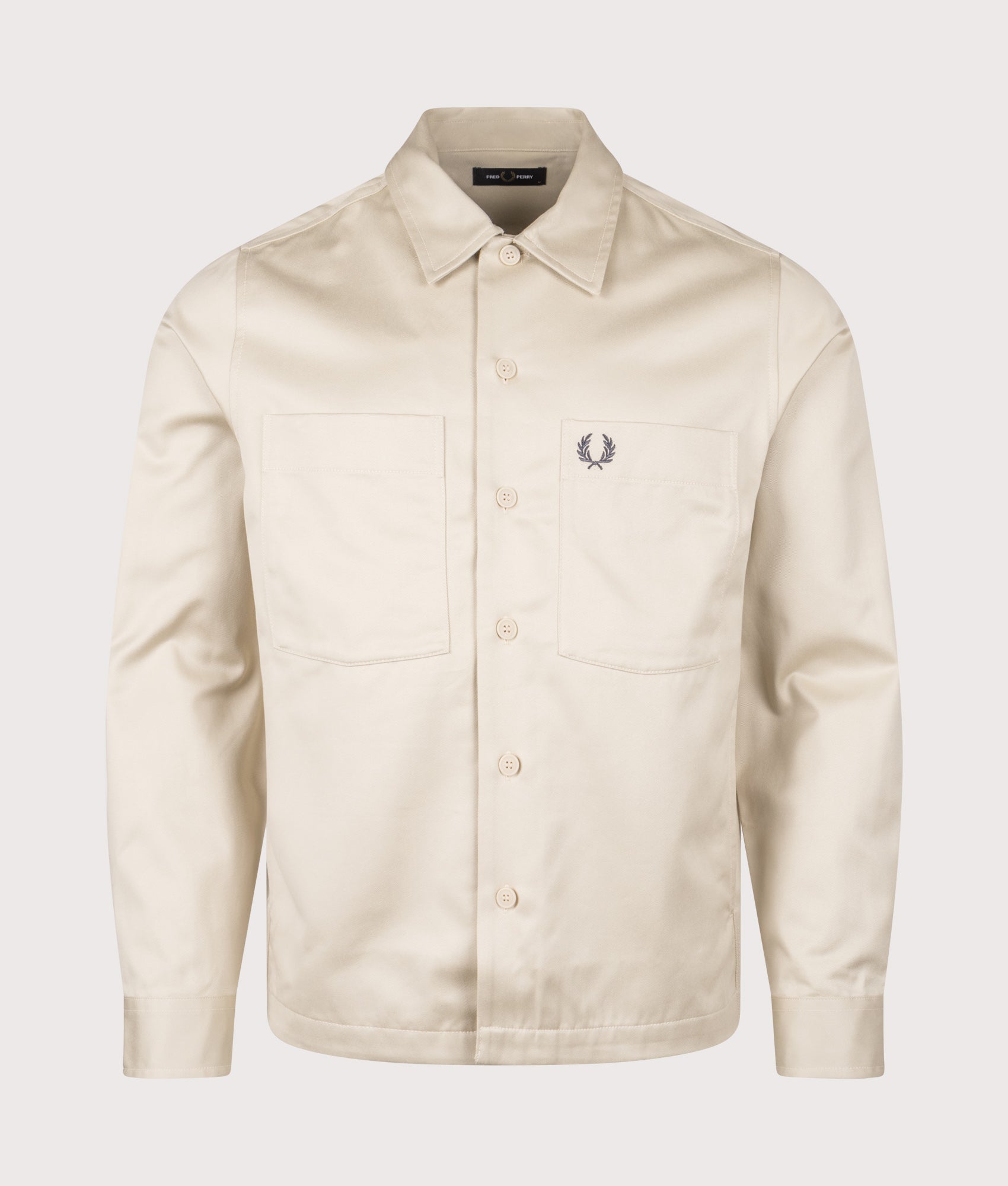 Fred Perry Twill Overshirt in Oatmeal at EQVVS Menswear. Front shot.
