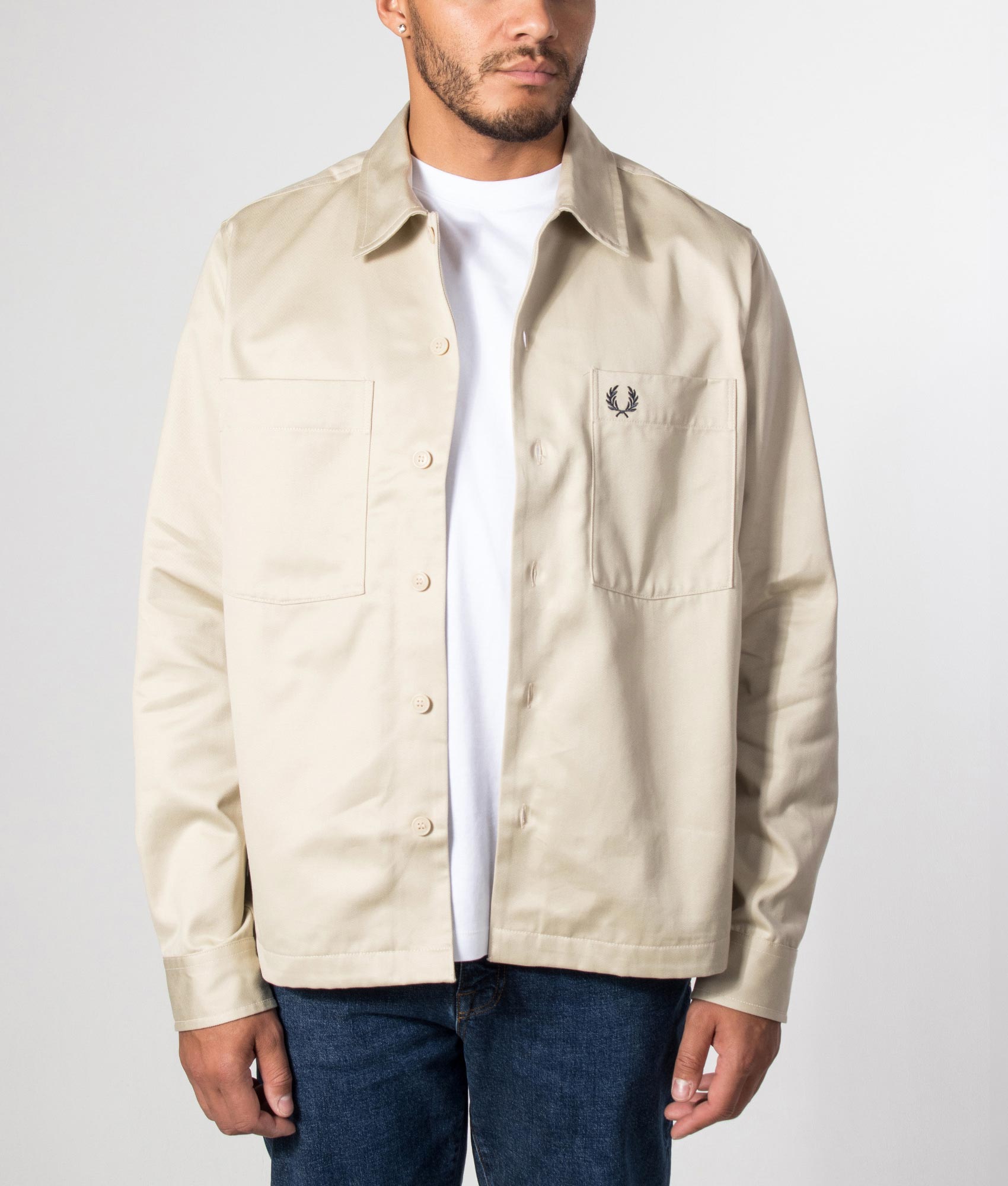 Fred Perry Twill Overshirt in Oatmeal at EQVVS Menswear. Model front shot.
