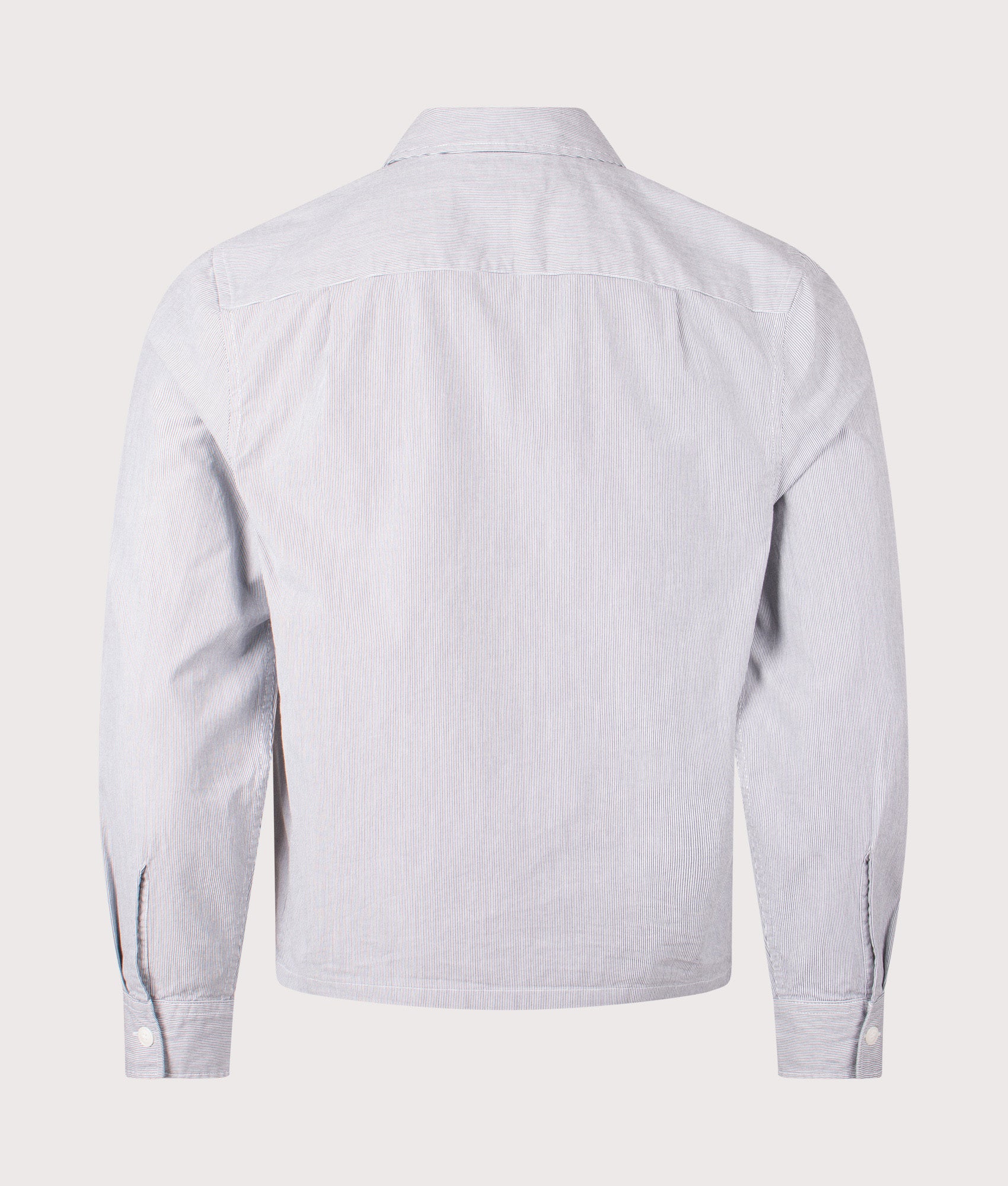 Fred Perry Striped Seersucker Zip Through Overshirt in Blue and White at EQVVS Menswear. Back shot.