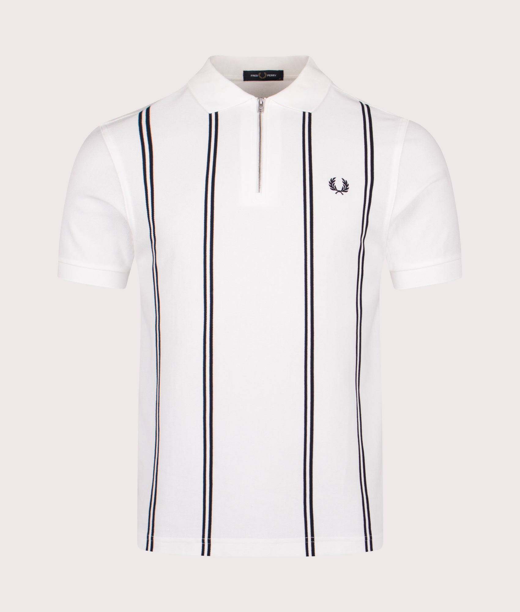 Vertical Stripe Zip Neck Polo Shirt in Snow White | Fred Perry | EQVVS Menswear | Front shot.