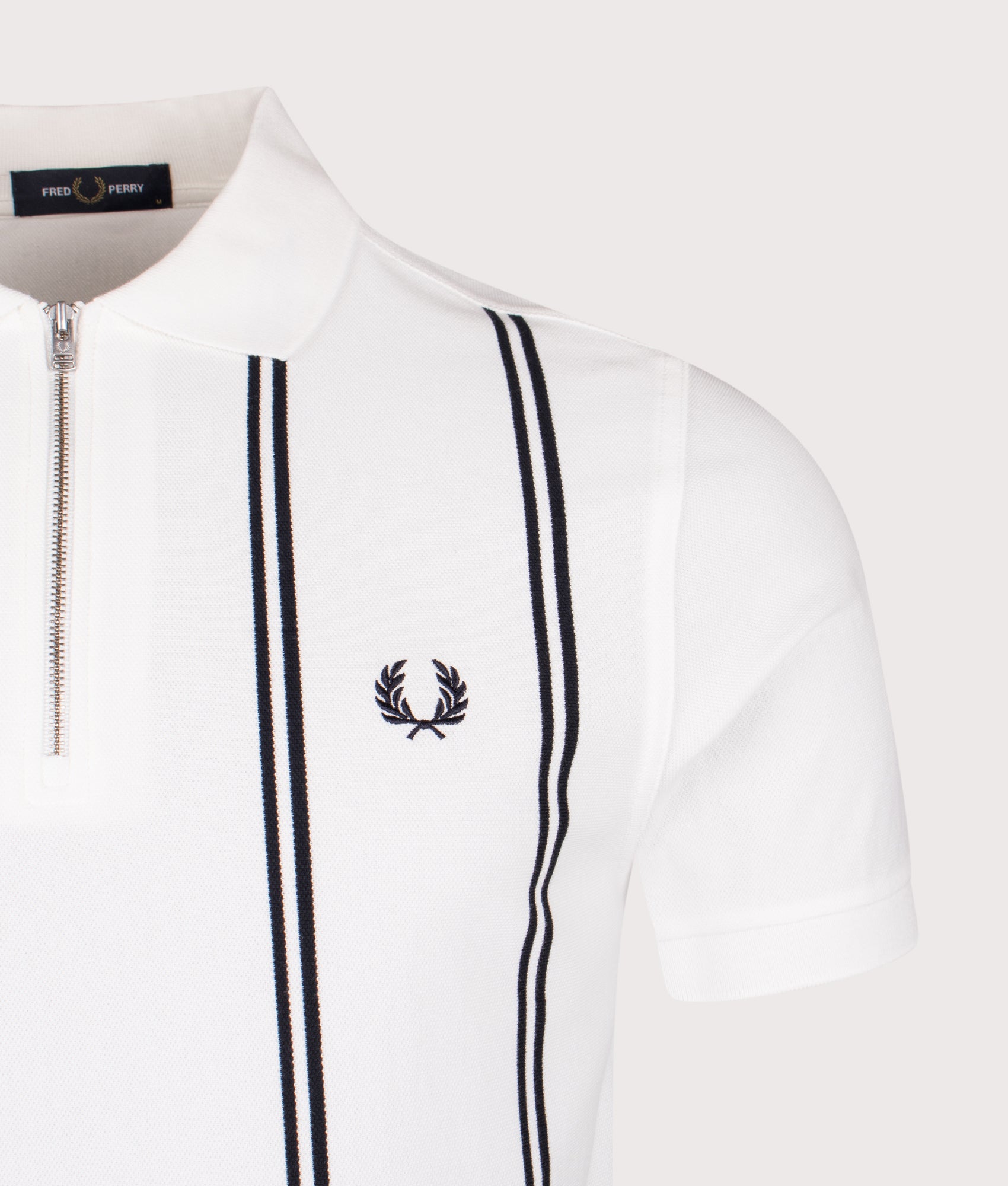 Vertical Stripe Zip Neck Polo Shirt in Snow White | Fred Perry | EQVVS Menswear | Detail shot.