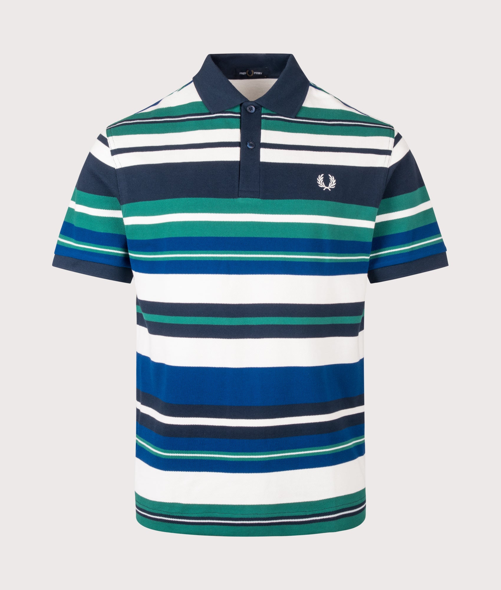 Fred Perry Relaxed Fit Striped Polo Shirt   in Deep Mint at EQVVS Menswear. Front shot.