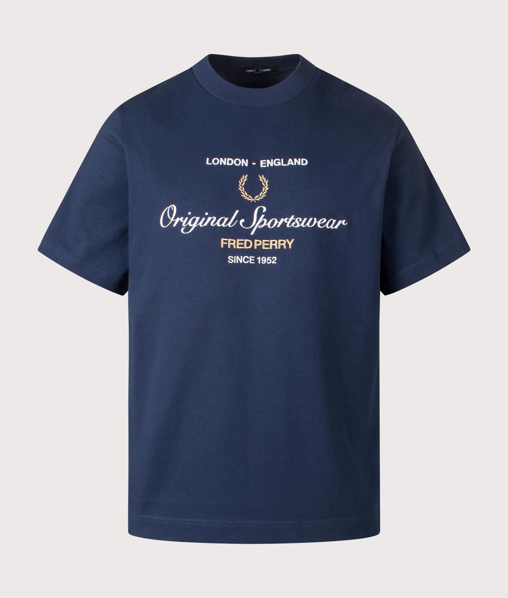 Fred Perry Original Sportswear T-Shirt in Tennis Blue at EQVVS Menswear. Front shot.