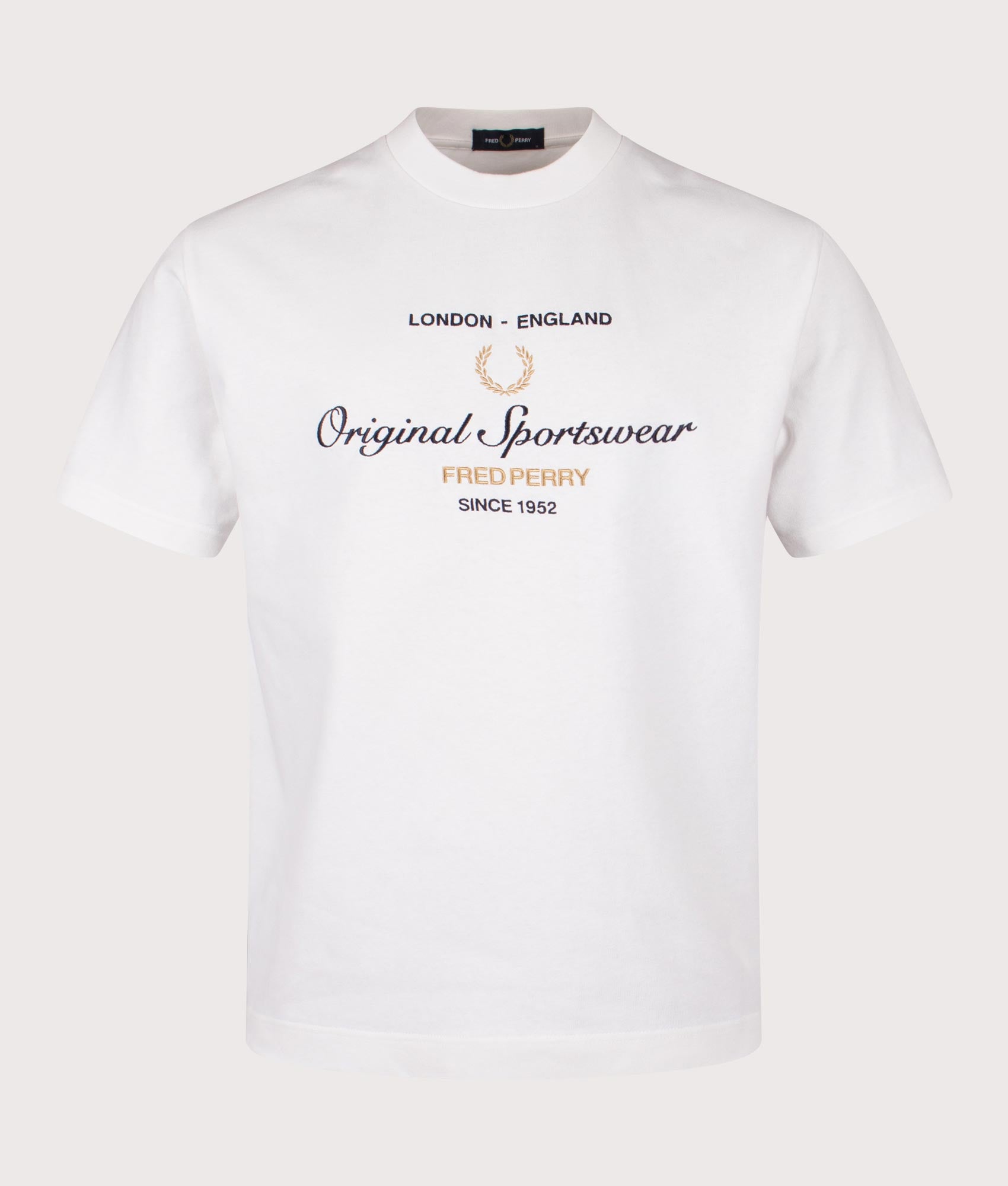Fred Perry Original Sportswear T-Shirt in Snow White at EQVVS Menswear. Front shot.
