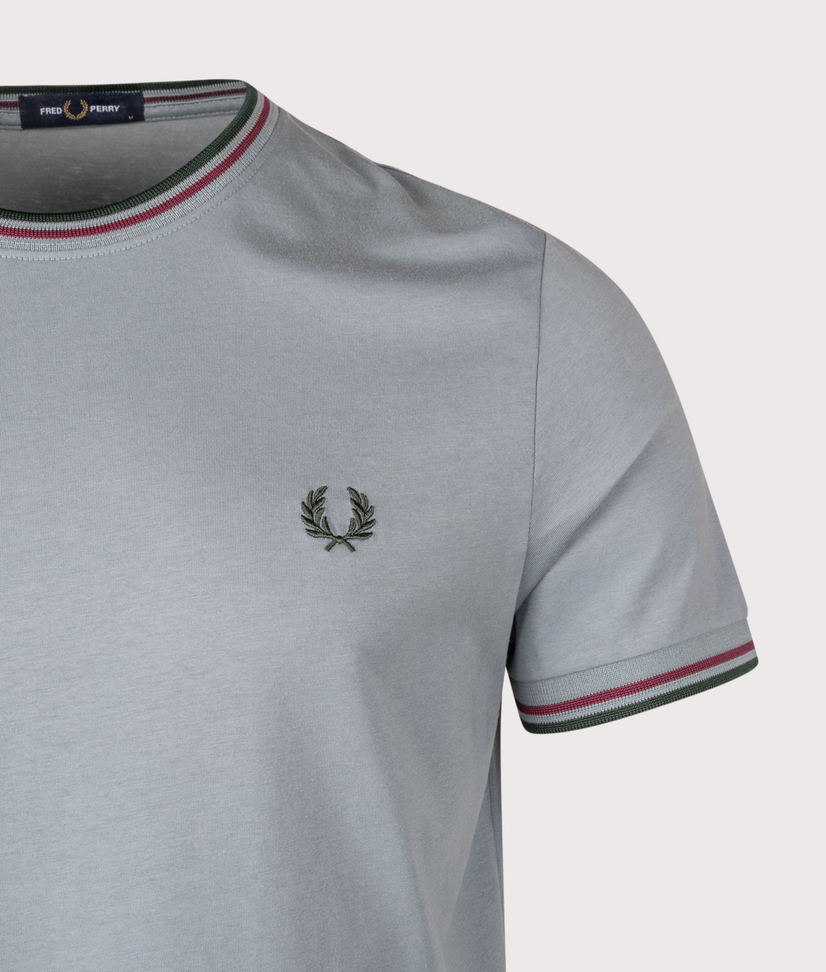 Twin Tipped T-Shirt in Stockport Blue/Oxblood/Grassroots | Fred Perry | EQVVS Menswear | Detail shot.